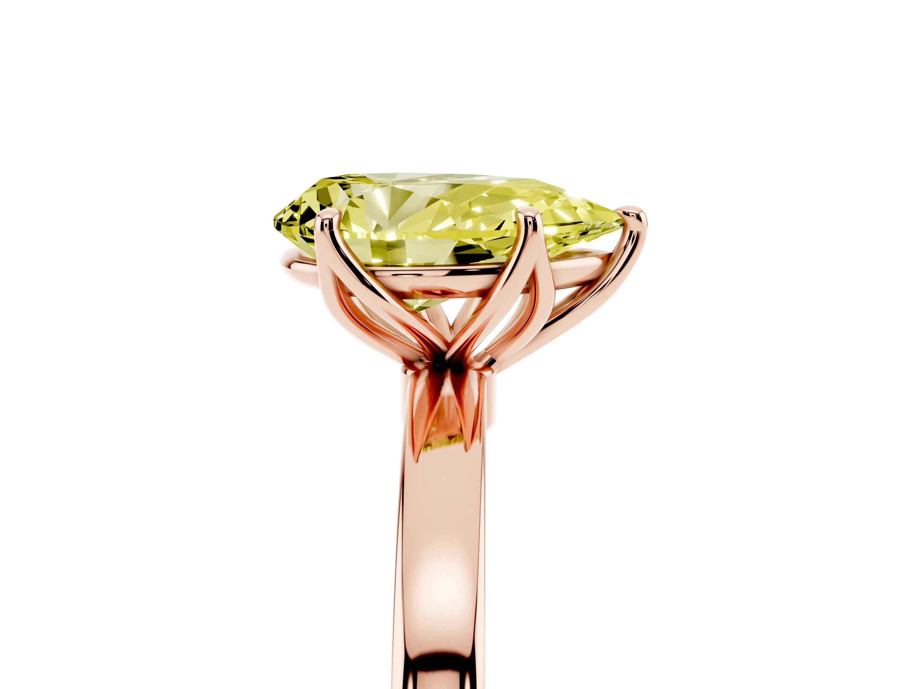 Fancy Yellow Pear Cut Diamond Solitaire Ring Set in Rose gold with Prong Setting and Thin Polished Band