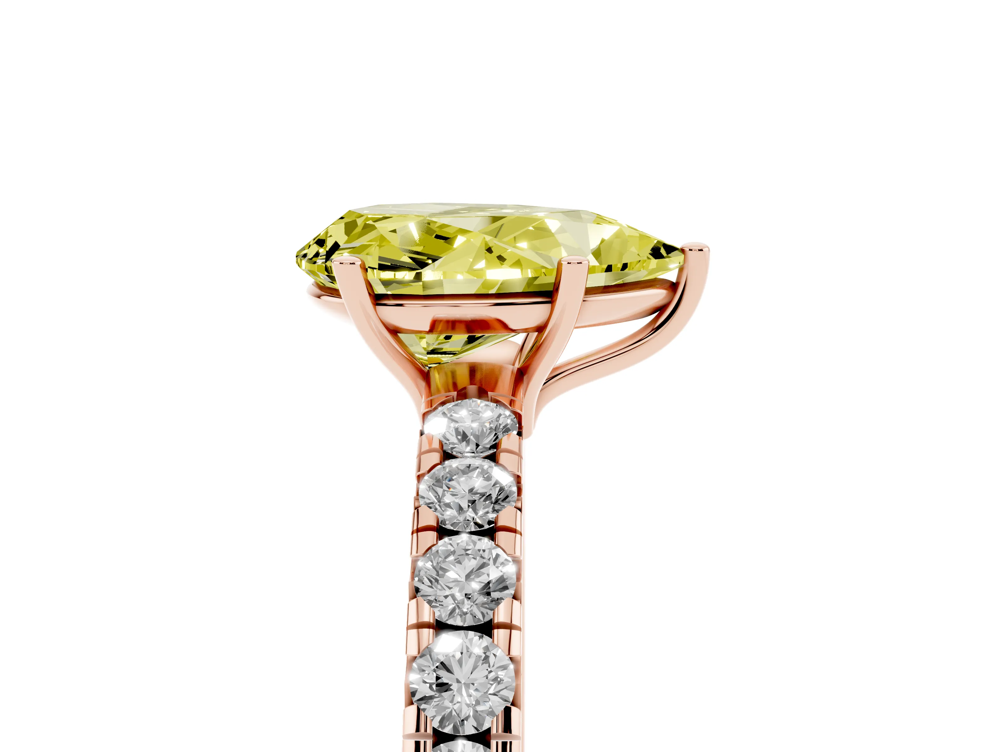 Fancy Yellow Pear Cut Diamond Pavé Solitaire Engagement Ring Set in Rose gold with Prong Setting