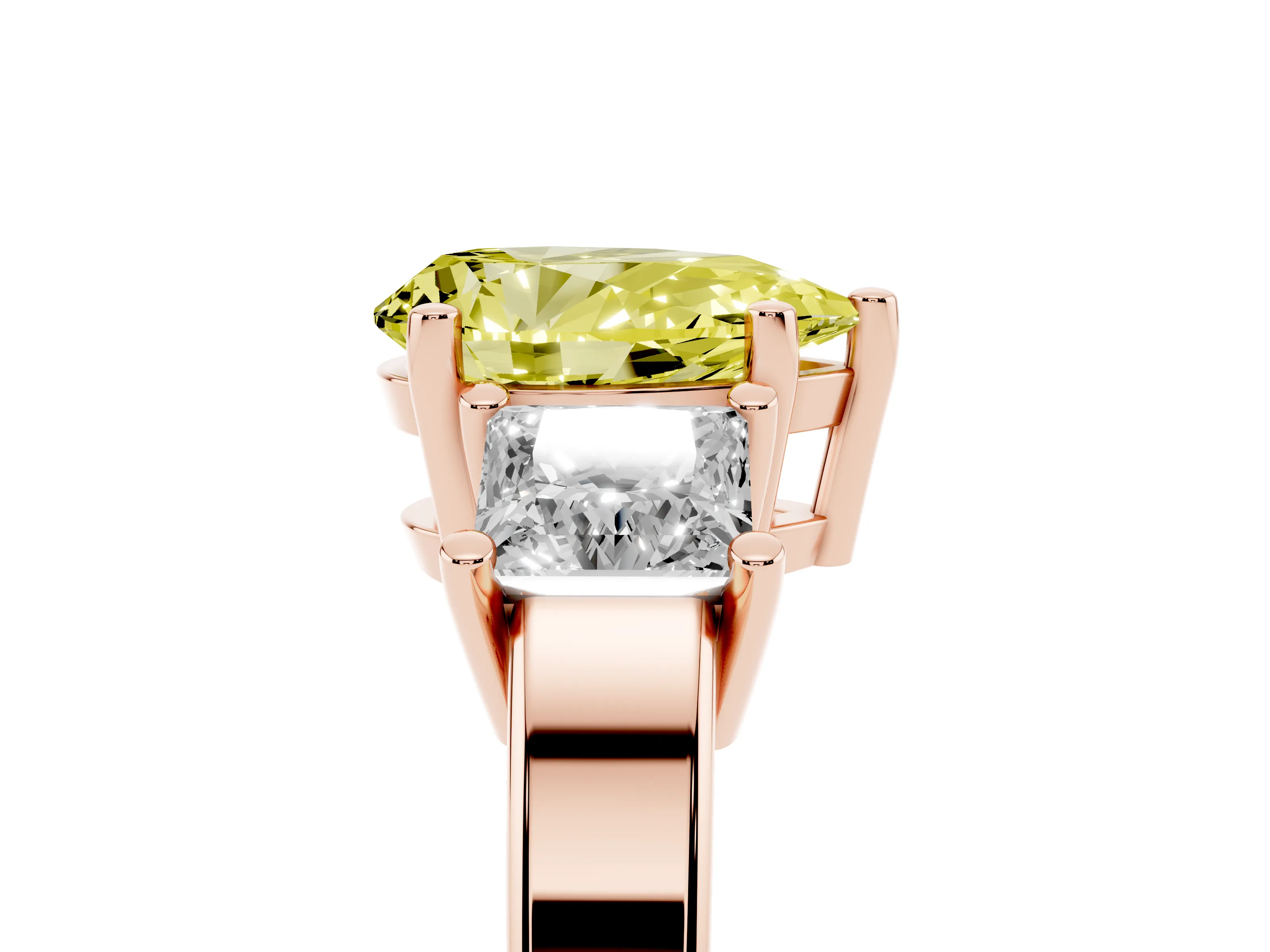 Fancy Yellow Three-Stone Pear Cut Diamond Solitaire Ring Set in Rose gold with Prong Setting