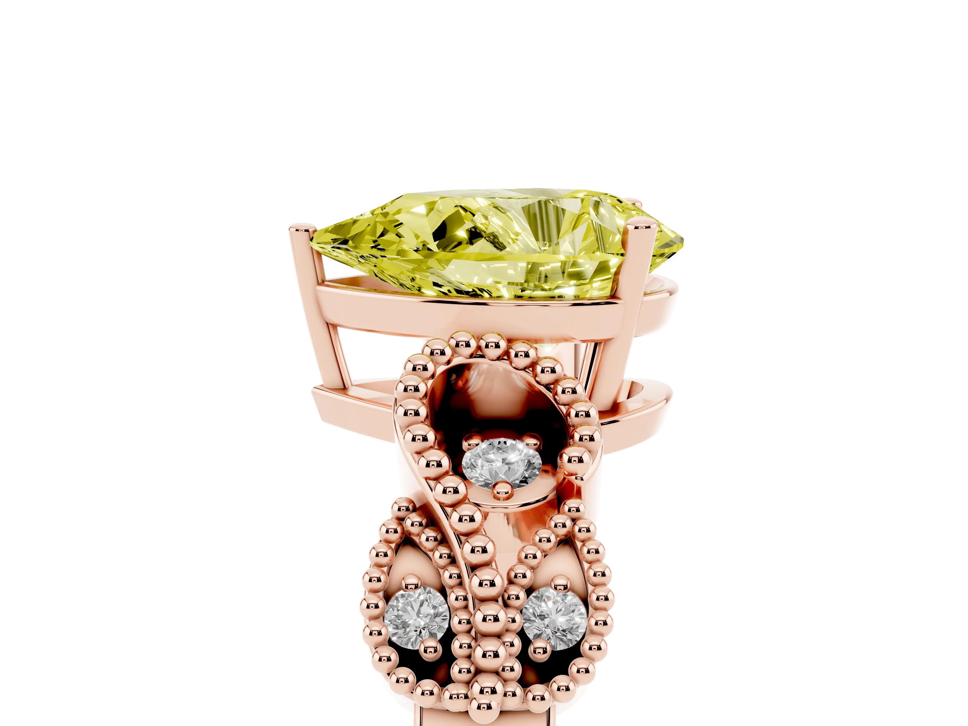 Fancy Yellow Pear Cut Diamond Milgrain Leaf Band Solitaire Ring Set in Rose gold with Accent Stones and Prong Setting