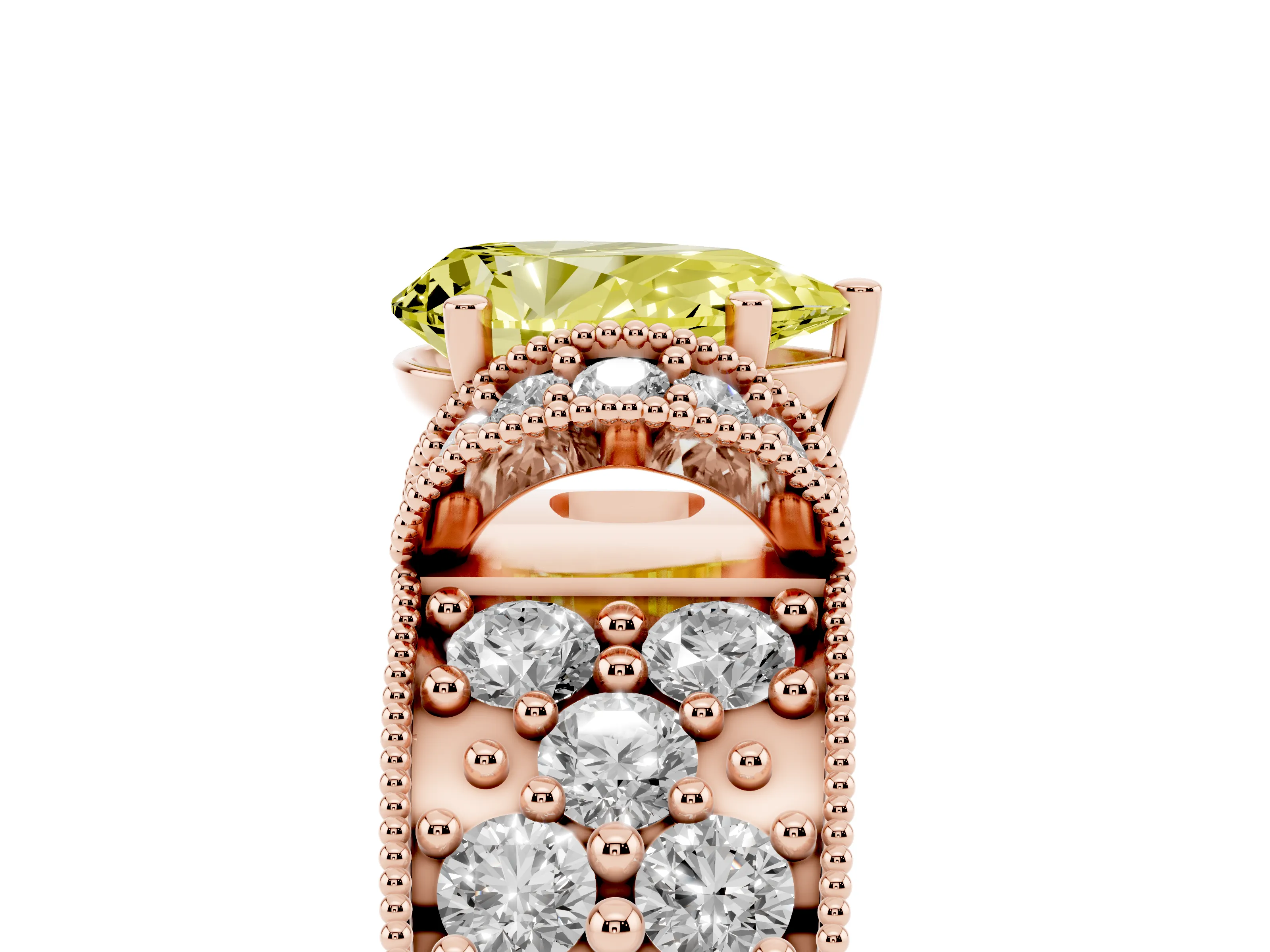 Fancy Yellow Pear Cut Diamond Milgrain Halo Pavé Engagement Ring Set in Rose gold with Prong Setting