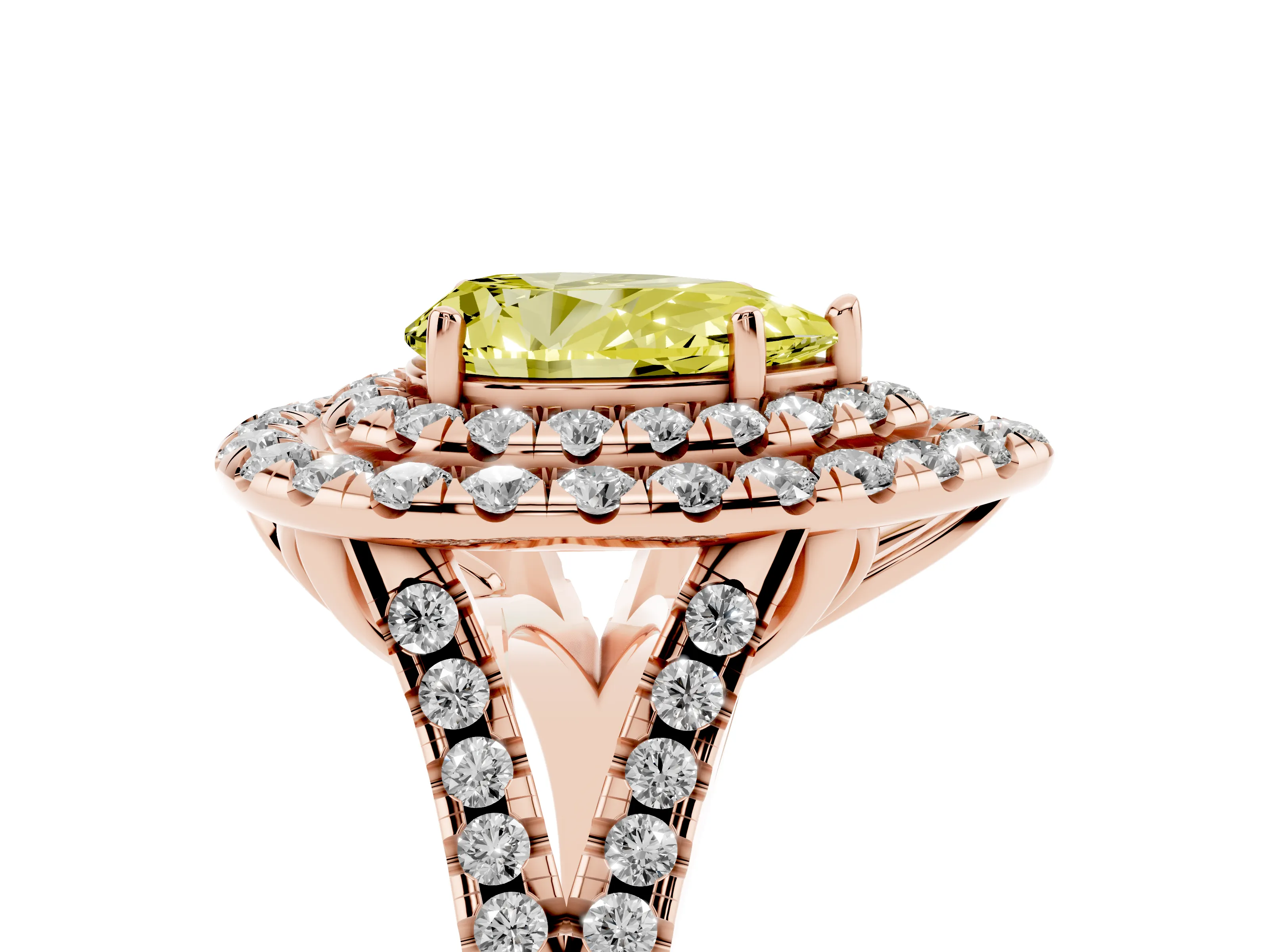 Fancy Yellow Pear Cut Diamond Double Halo Ring Set in Rose gold with Pavé Split Shank and Prong Setting