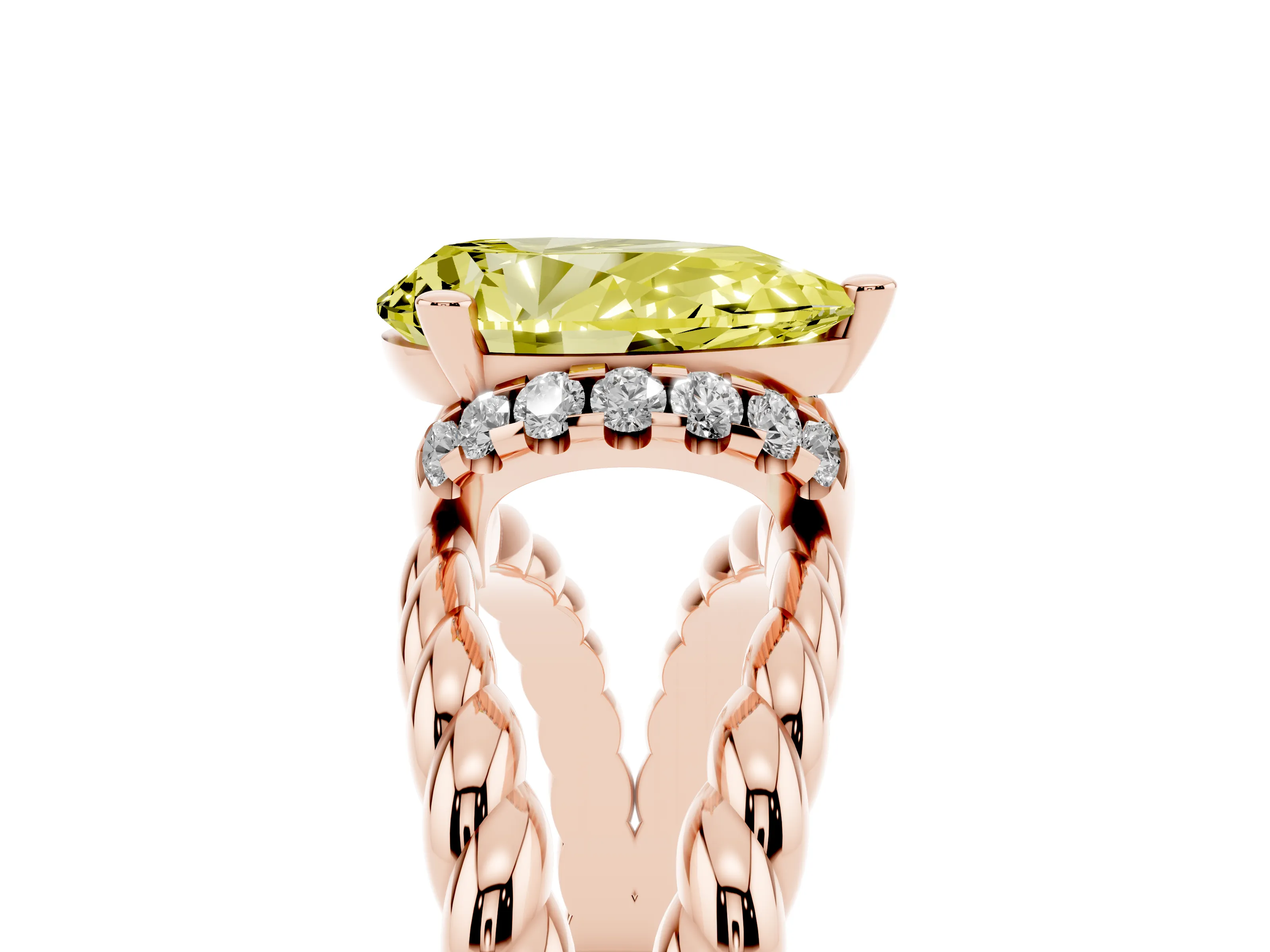 Fancy Yellow Pear Cut Diamond Halo Ring Set in Rose gold with Twisted Band and Prong Setting