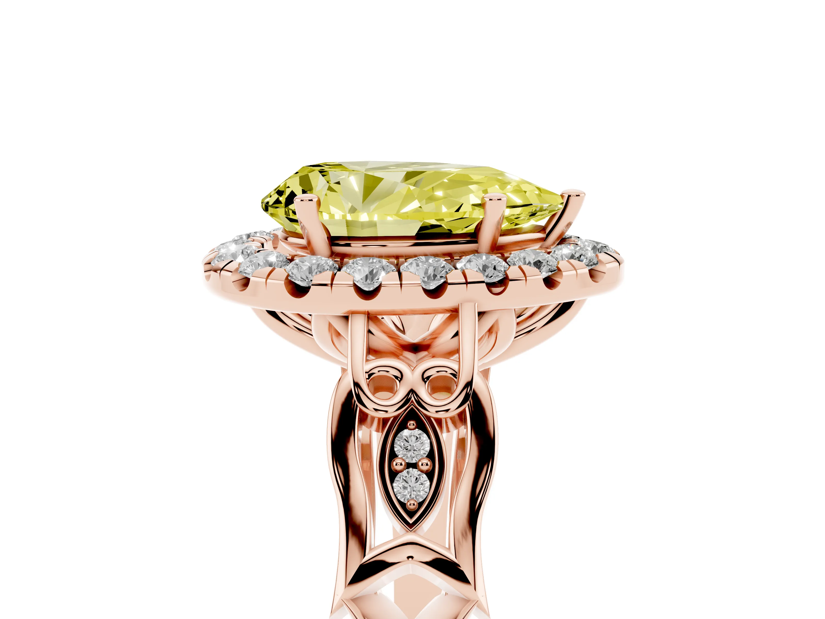 Fancy Yellow Pear Cut Diamond Halo Engagement Ring Set in Rose gold with Filigree Band and Prong-Set Center