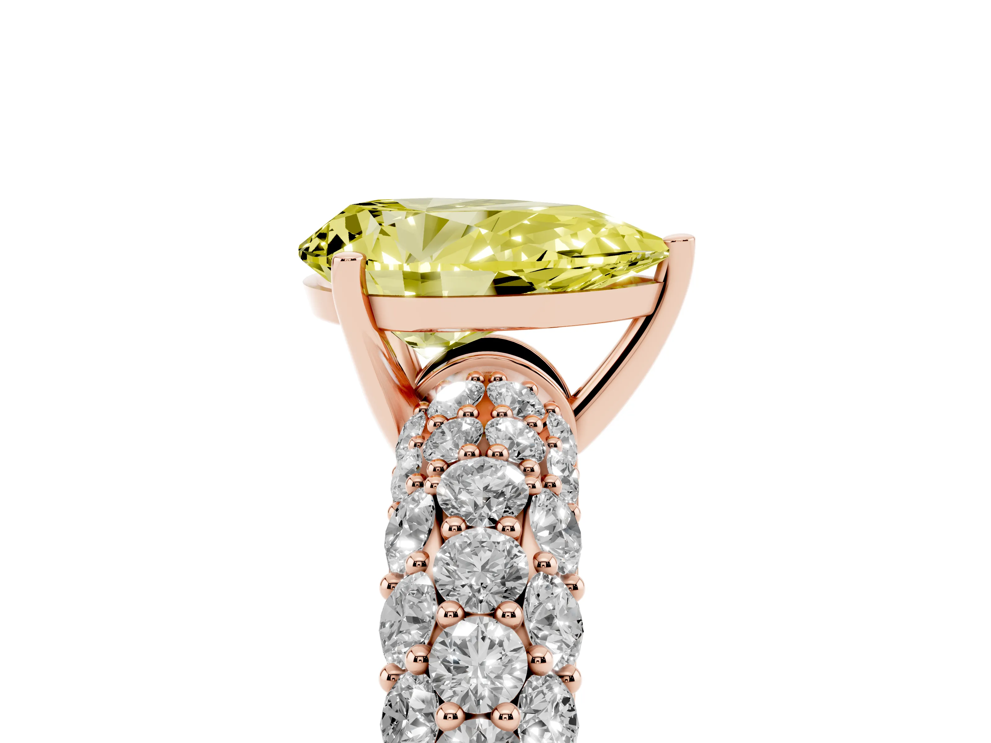 Fancy Yellow Pear Cut Diamond Pavé Band Solitaire Ring Set in Rose gold with Close-Set Accent Stones and Prong Setting