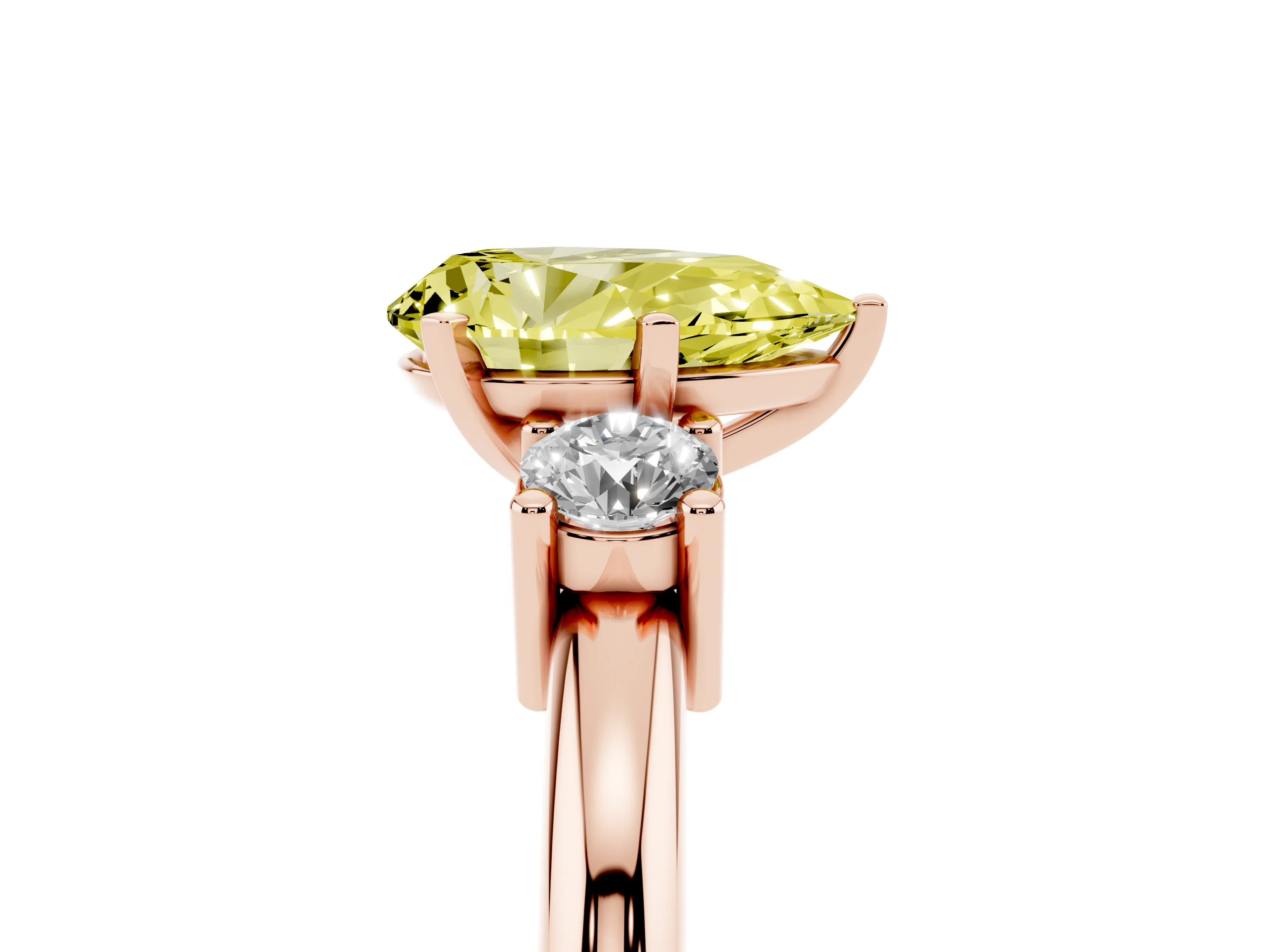 Fancy Yellow Three-Stone Pear Cut Diamond Ring Set in Rose gold with Prong Setting and Plain Band