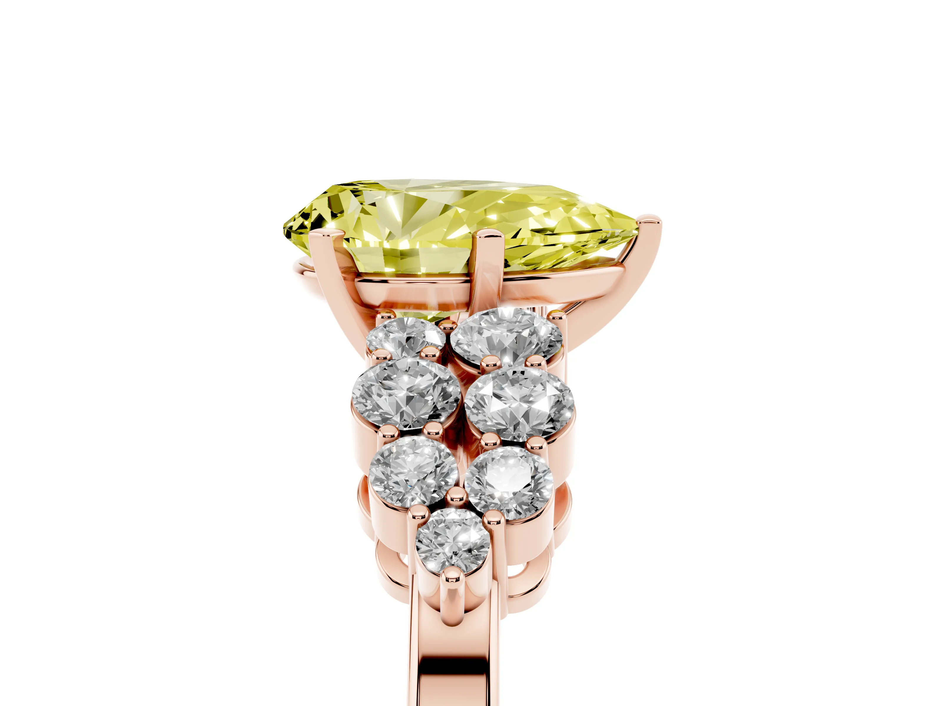 Fancy Yellow Pear Cut Diamond Cluster Engagement Ring Set in Rose gold with Pavé Band and Prong Setting