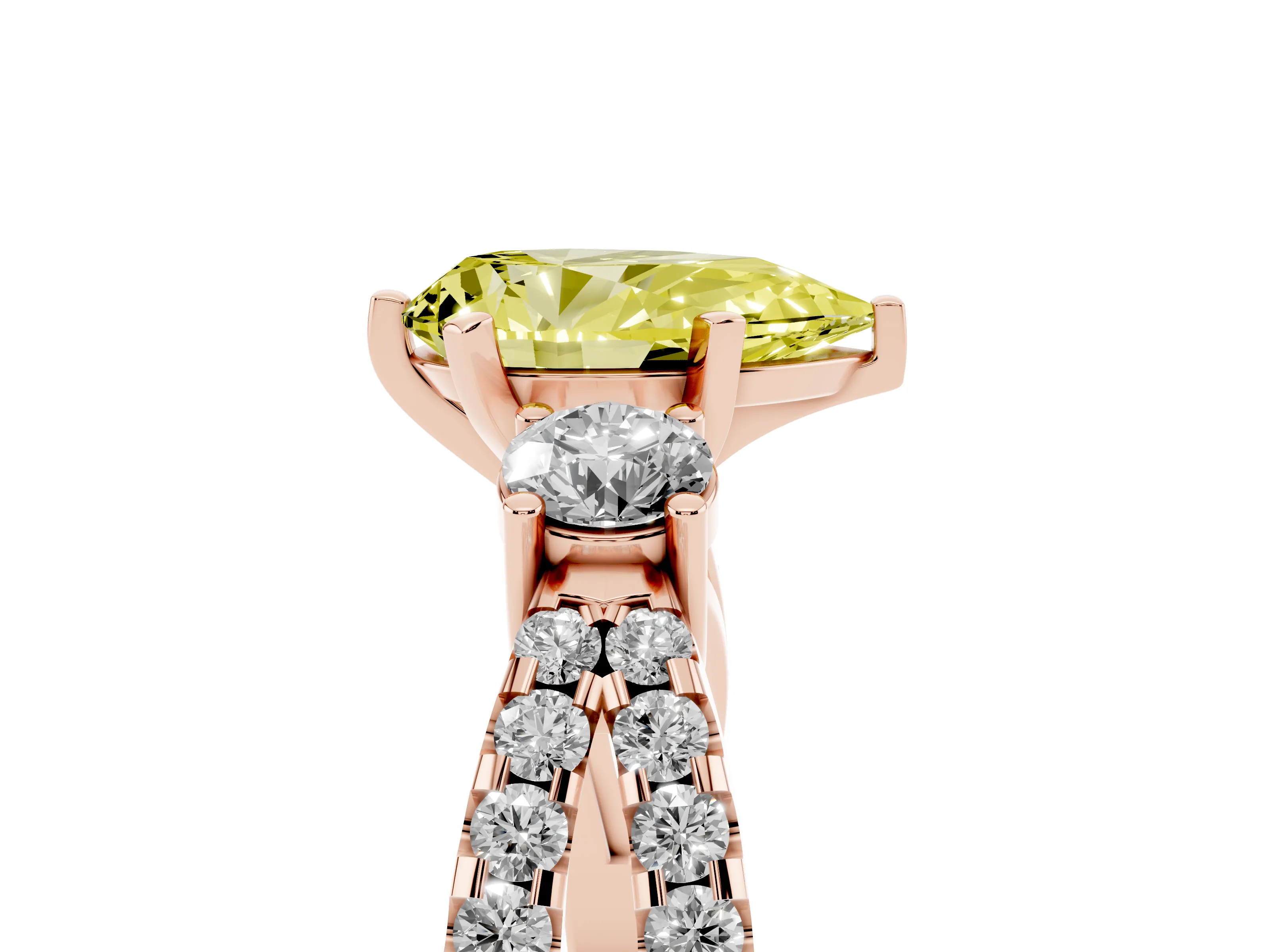Fancy Yellow Pear Cut Diamond Three-Stone Ring Set in Rose gold with Pavé Split Shank and Prong Setting
