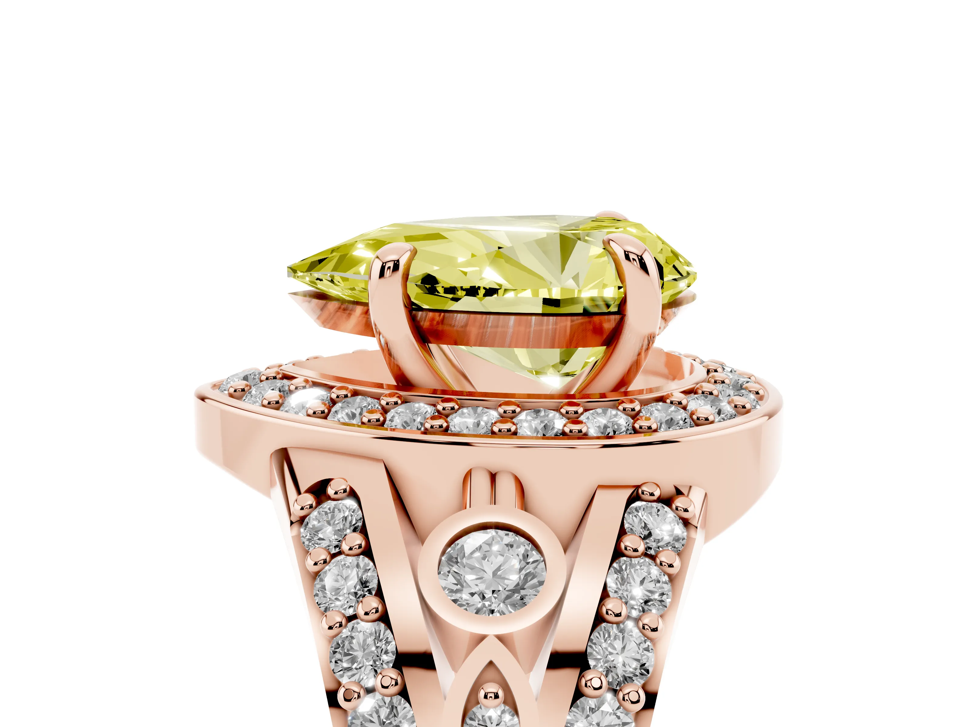 Fancy Yellow Pear Cut Diamond Halo Ring Set in Rose gold with Pavé Split Shank and Bezel Accents