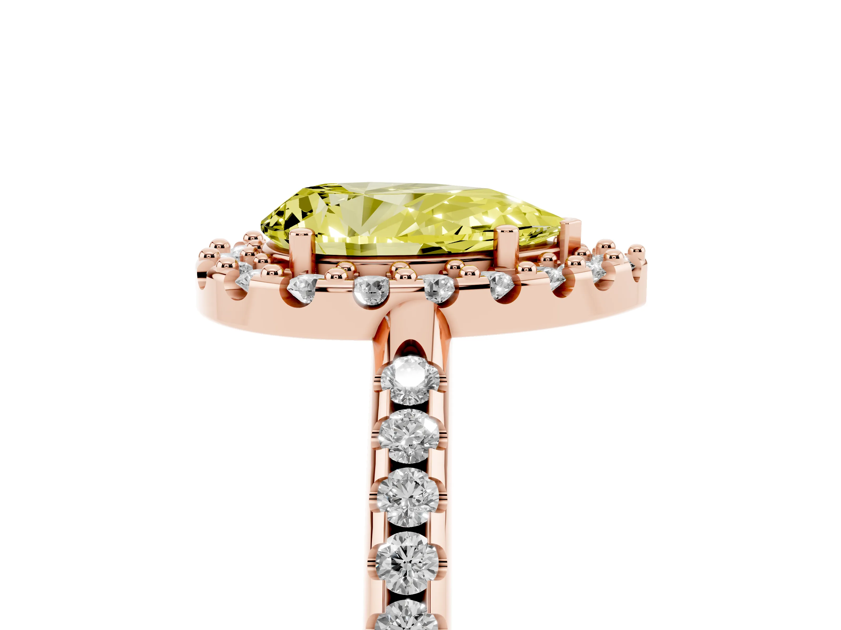 Fancy Yellow Pear Cut Diamond Pavé Halo Ring Set in Rose gold with Prong Setting