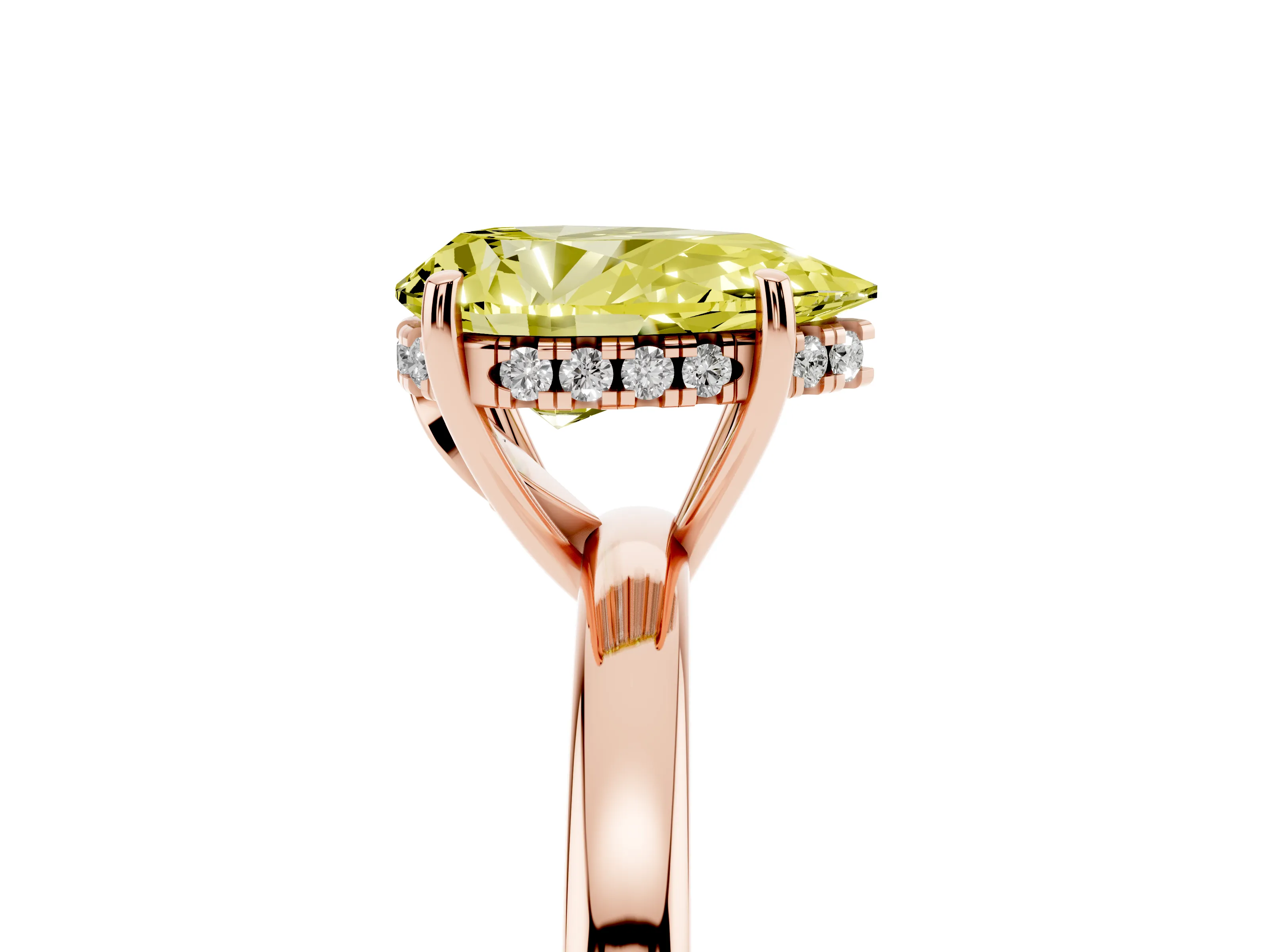 Fancy Yellow Pear Cut Diamond Solitaire Ring Set in Rose gold with Plain Band and Prong Setting