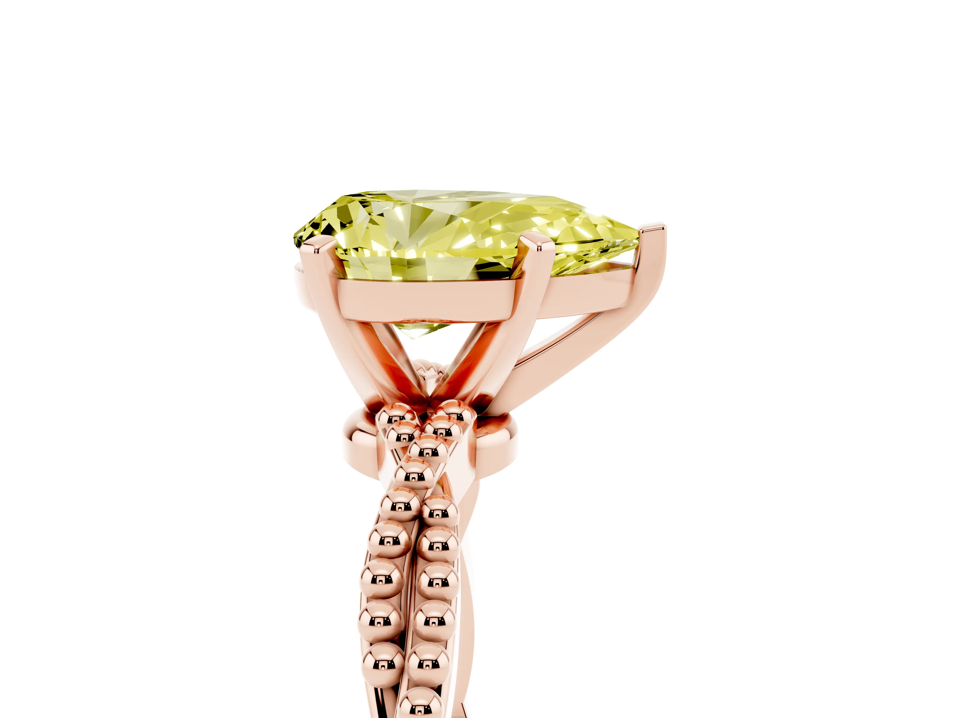 Fancy Yellow Pear Cut Diamond Solitaire Ring Set in Rose gold with Twisted Band and Bead Prong Setting