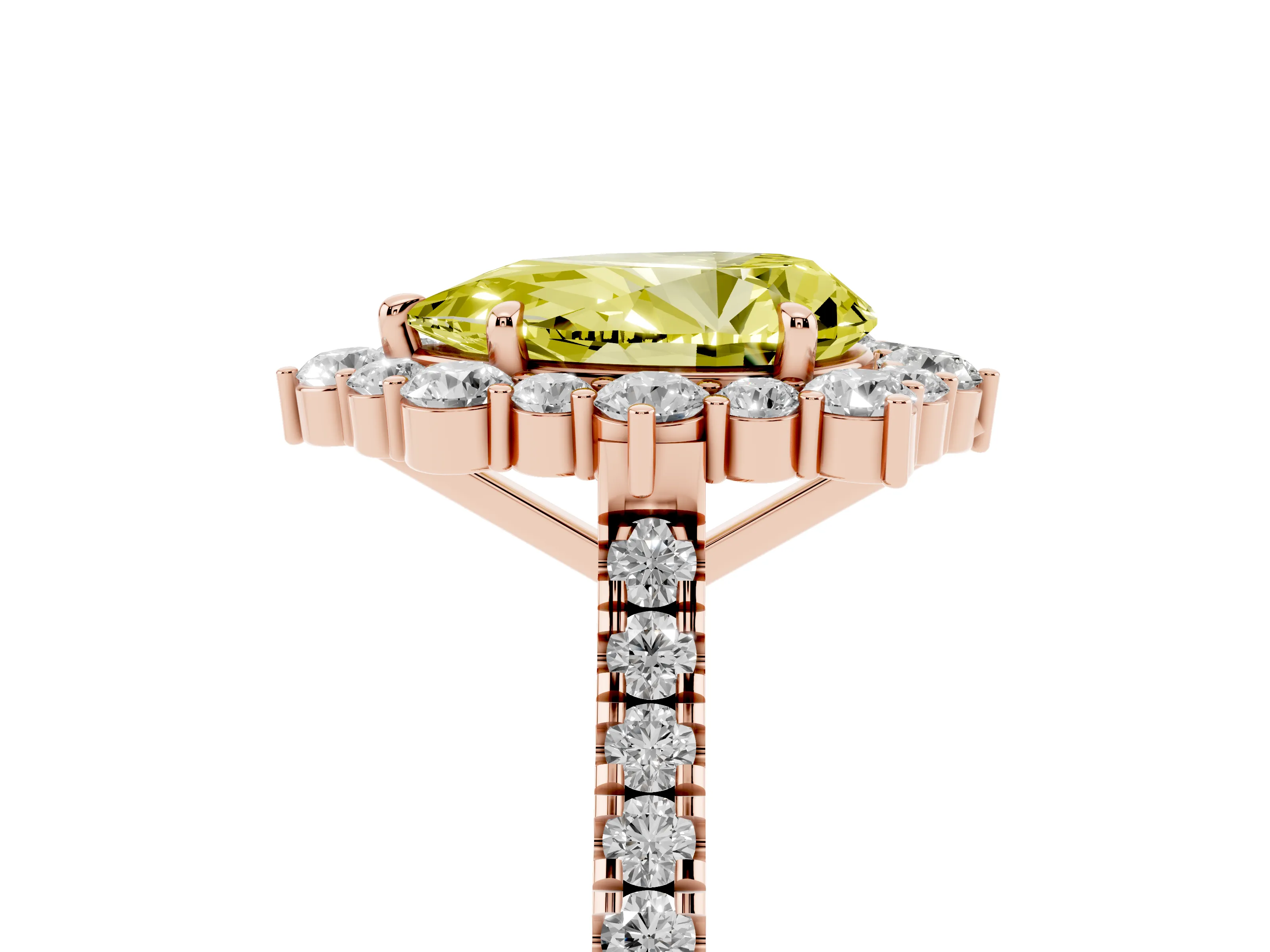 Fancy Yellow Pear Cut Diamond Halo Ring Set in Rose gold with Pavé Band and Prong Setting