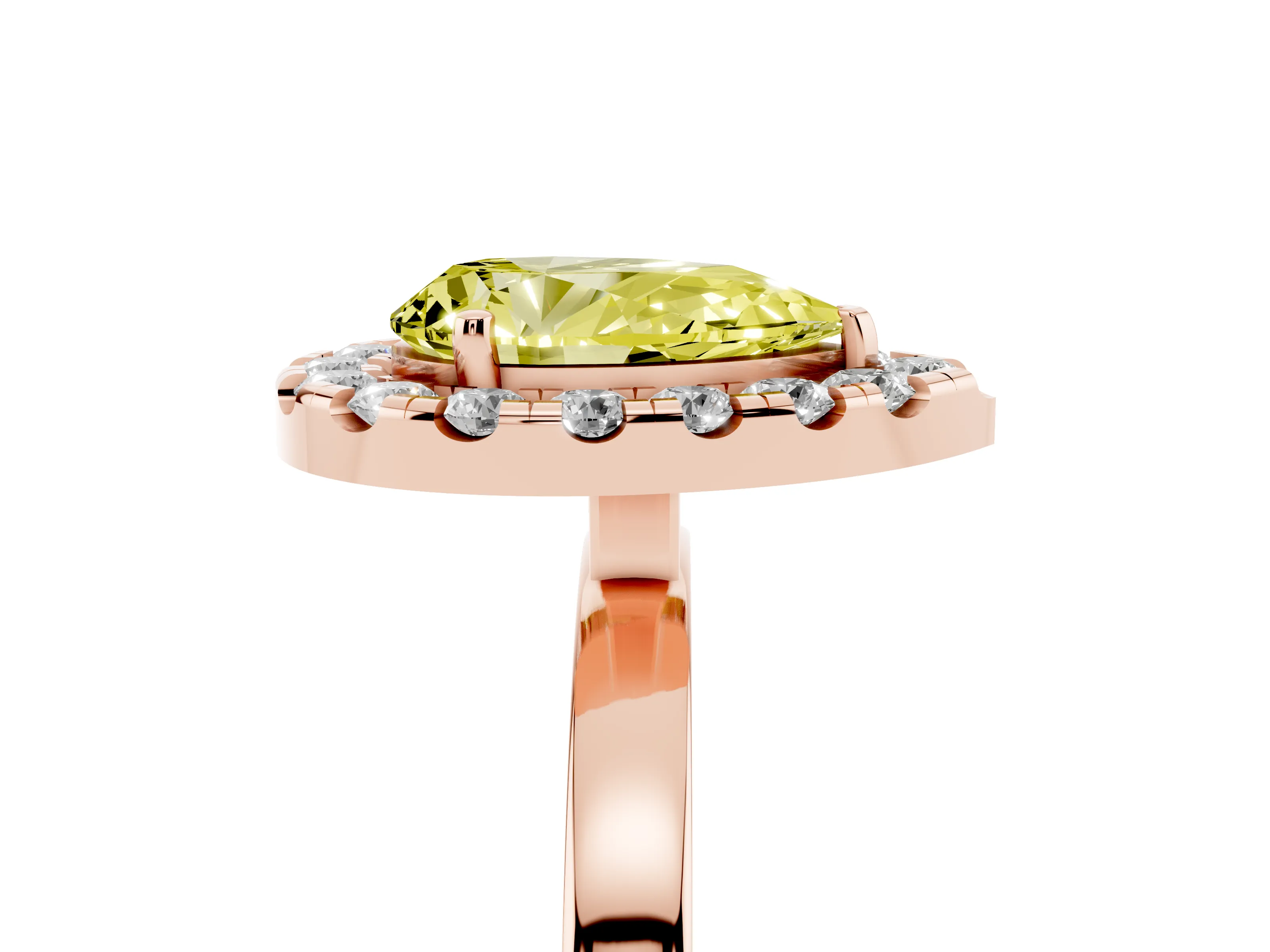 Fancy Yellow Pear Cut Diamond Halo Solitaire Ring Set in Rose gold with Pavé Band and Prong Setting