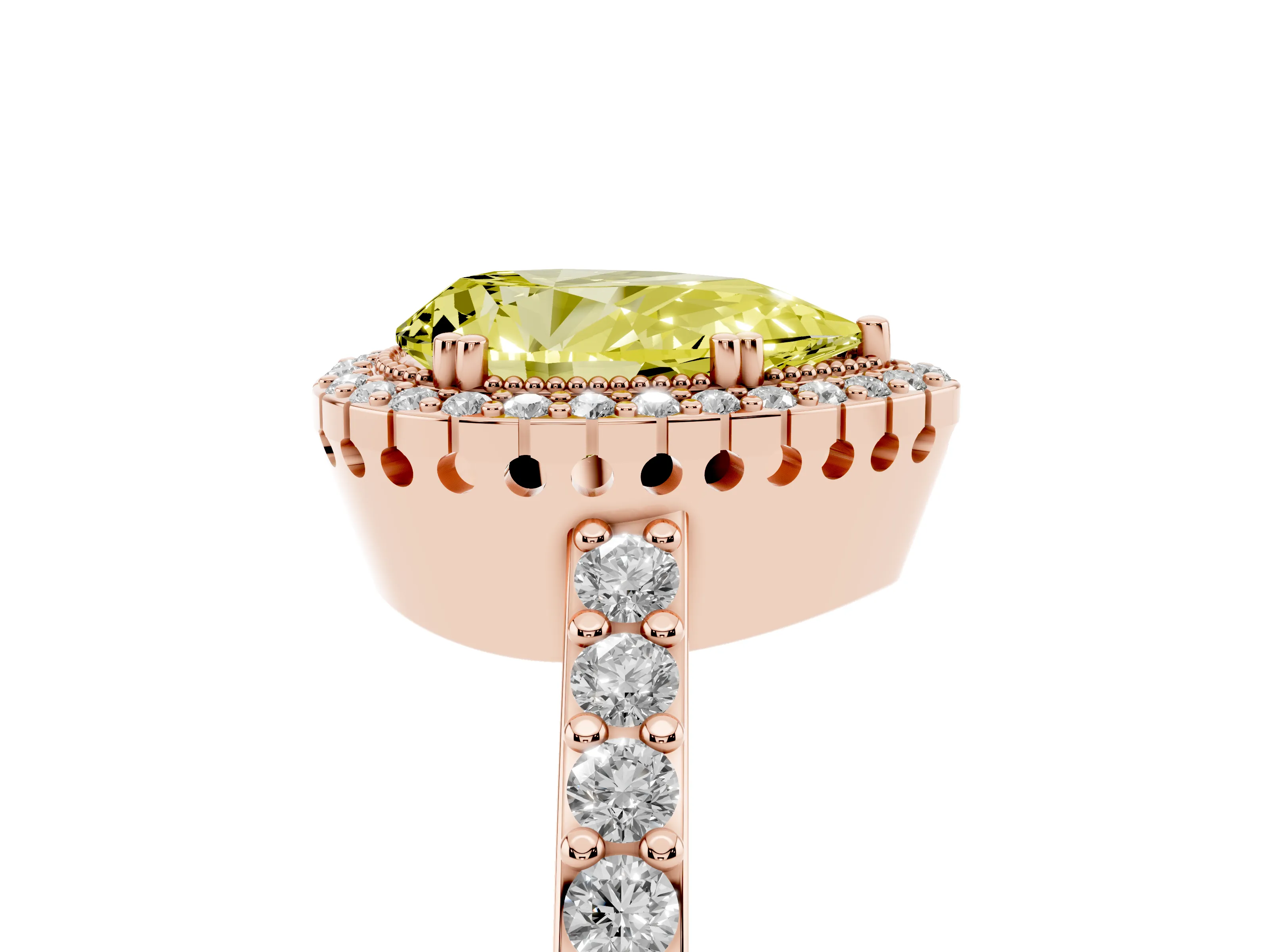 Fancy Yellow Pear Cut Diamond Halo Engagement Ring Set in Rose gold with Milgrain Detail and Pavé Band
