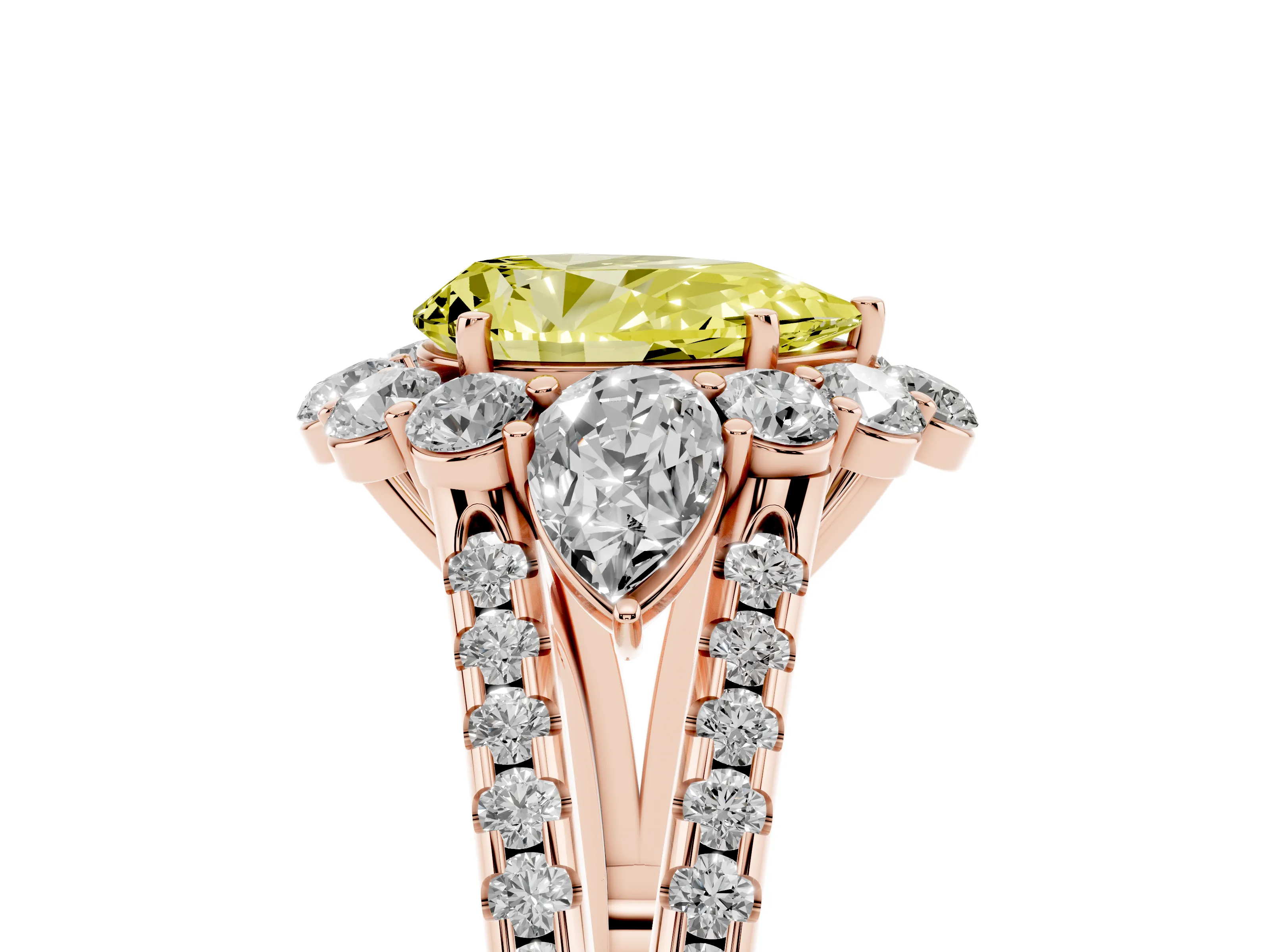 Fancy Yellow Pear Cut Diamond Halo Split Shank Engagement Ring Set in Rose gold with Prong-Held Center Stone