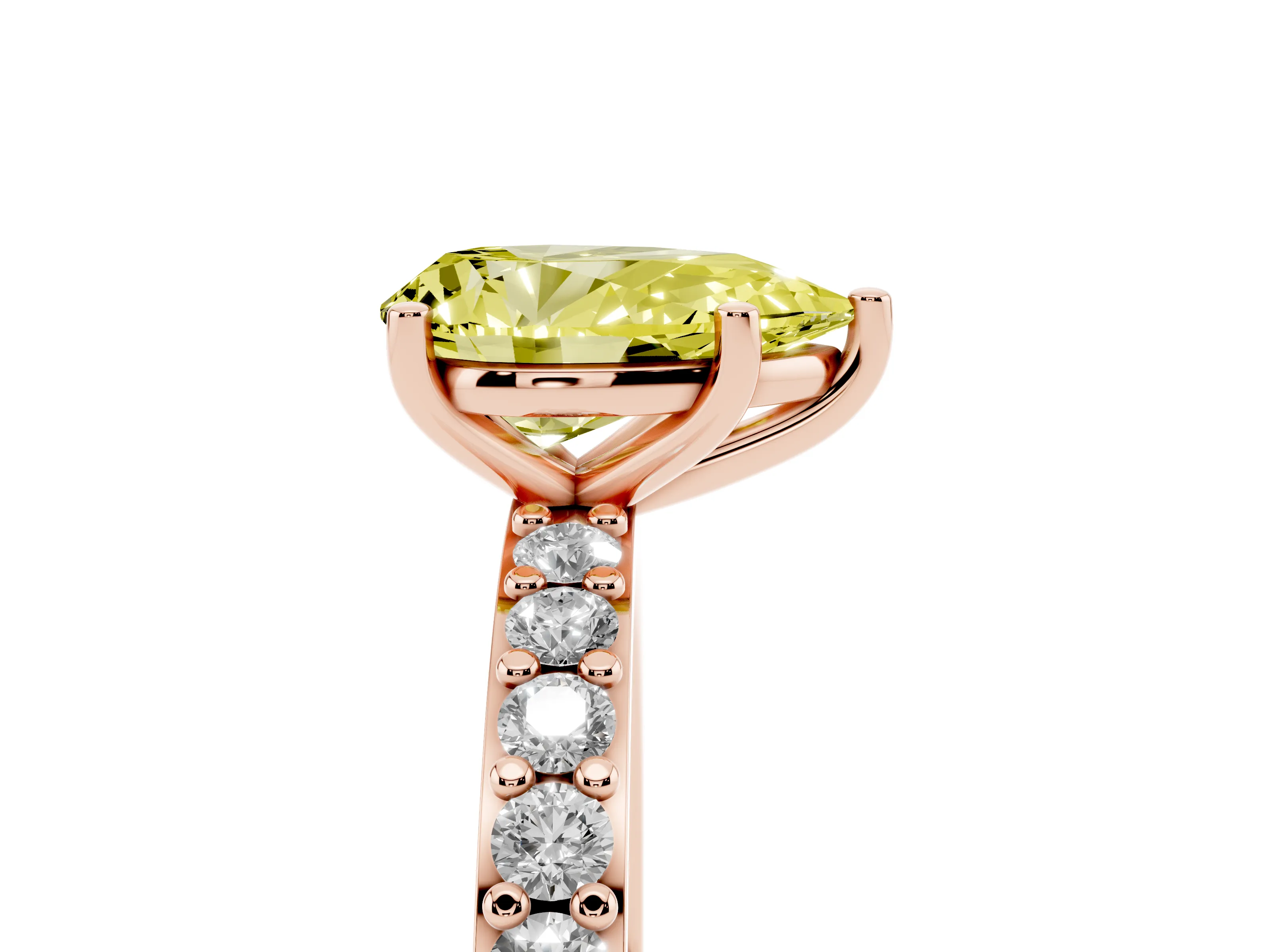 Fancy Yellow Pear Cut Diamond Solitaire Set in Rose gold with Round Pavé Band and Prong Setting