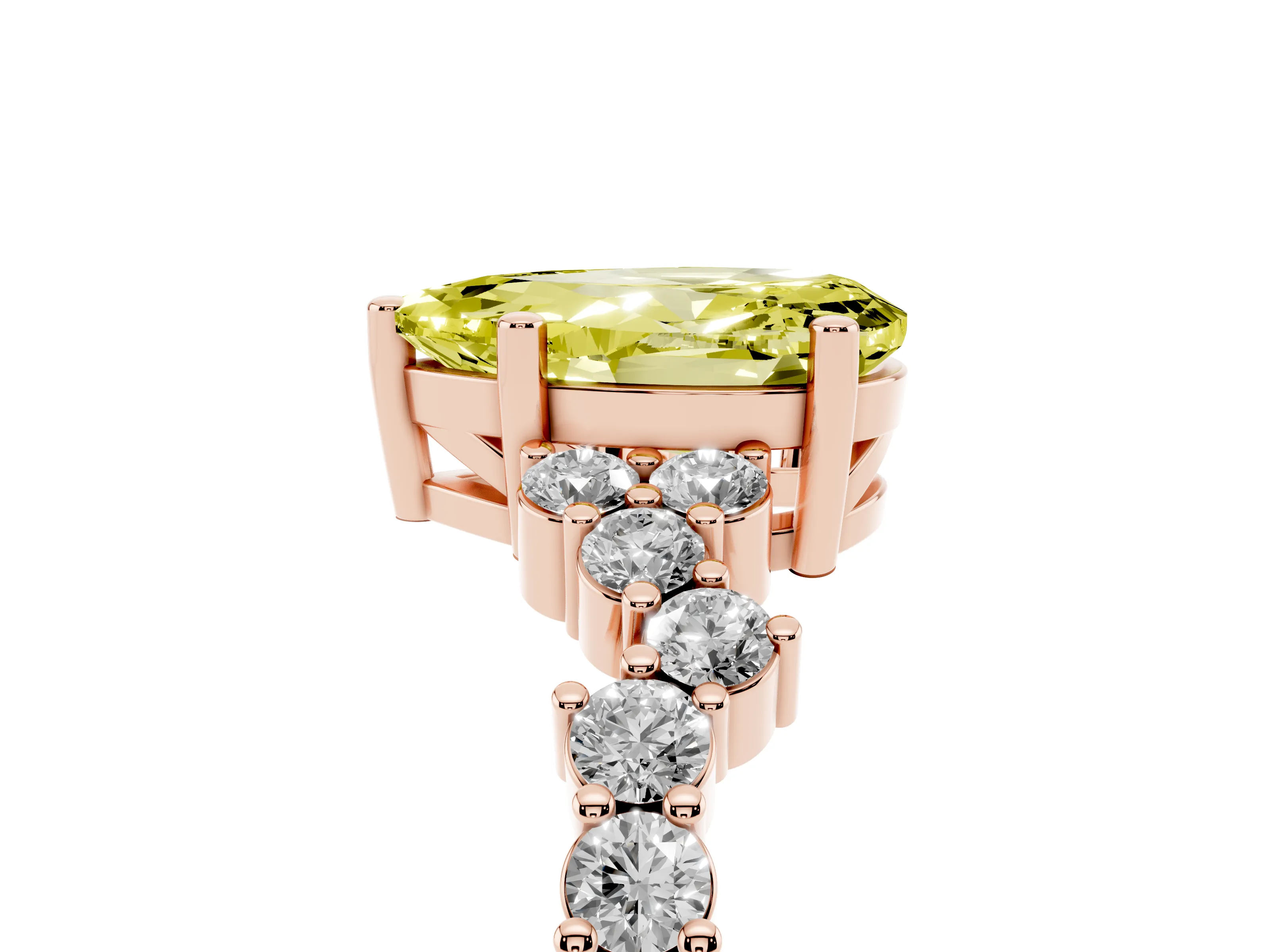 Fancy Yellow Pear Cut Diamond Ring Set in Rose gold with Scattered Round Accents