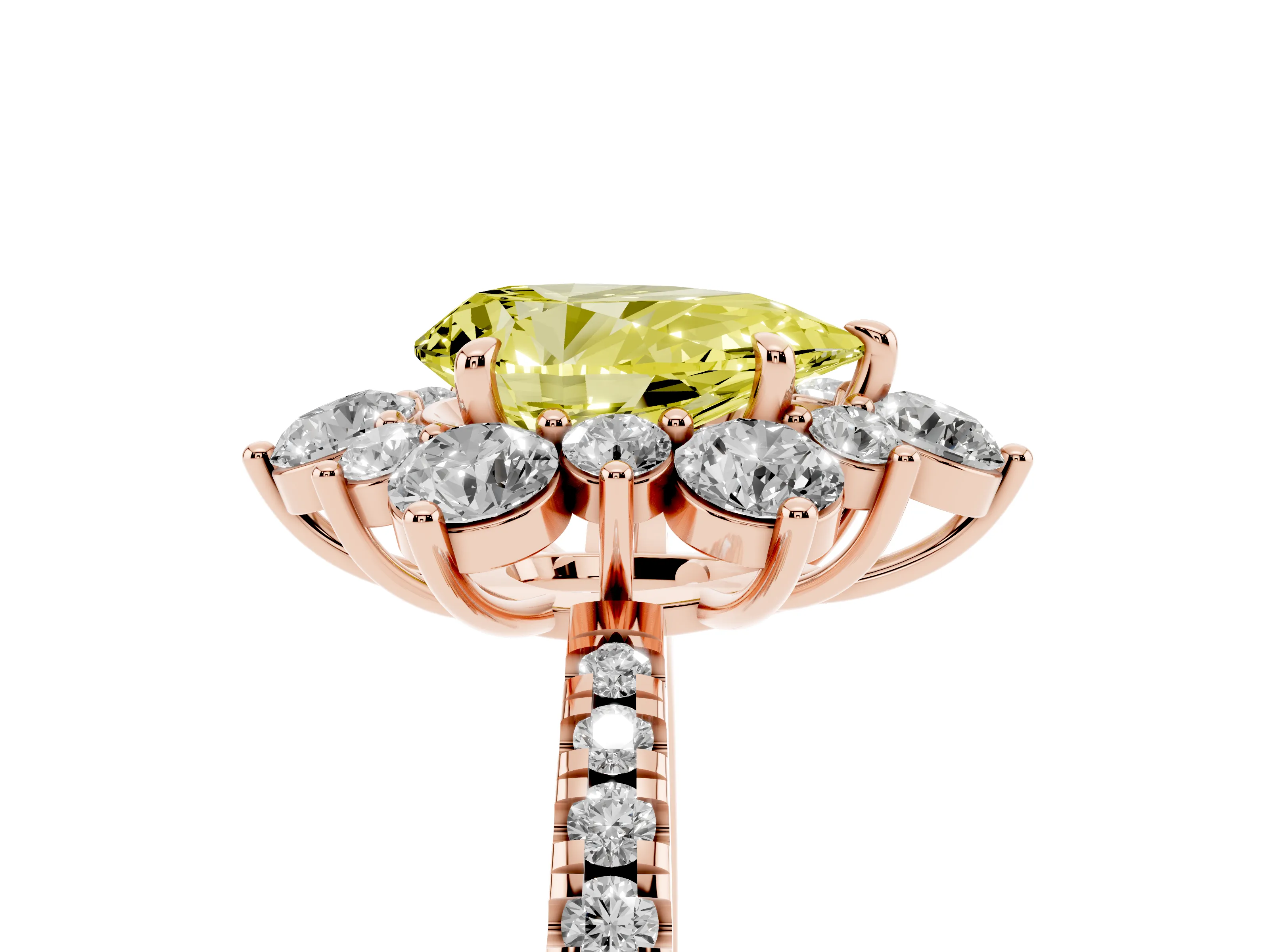 Fancy Yellow Pear Cut Diamond Floral Halo Ring Set in Rose gold with Round Pavé Band and Prong Setting