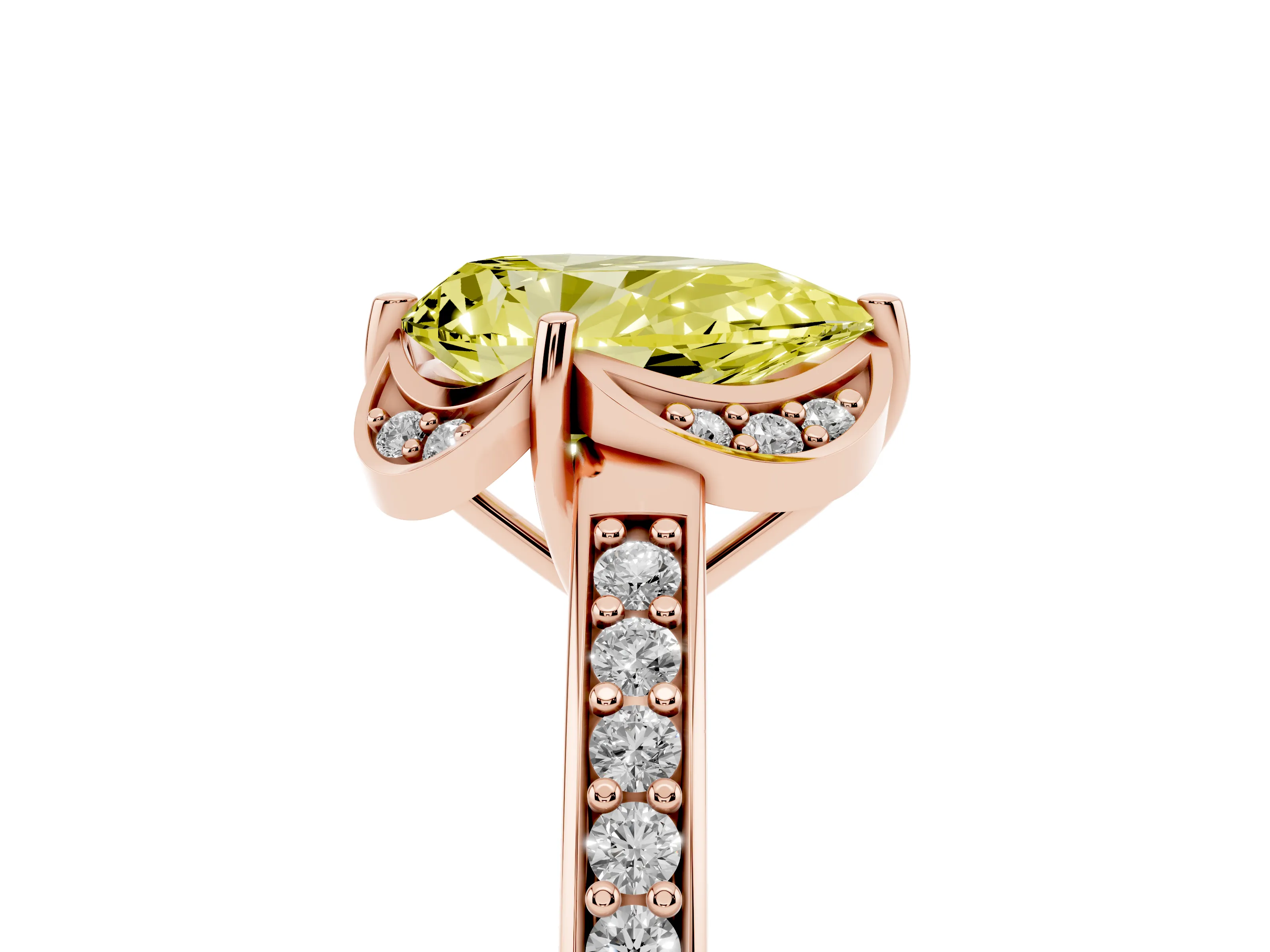 Fancy Yellow Pear Cut Diamond Halo Ring Set in Rose gold with Channel Set Band and Prong Setting