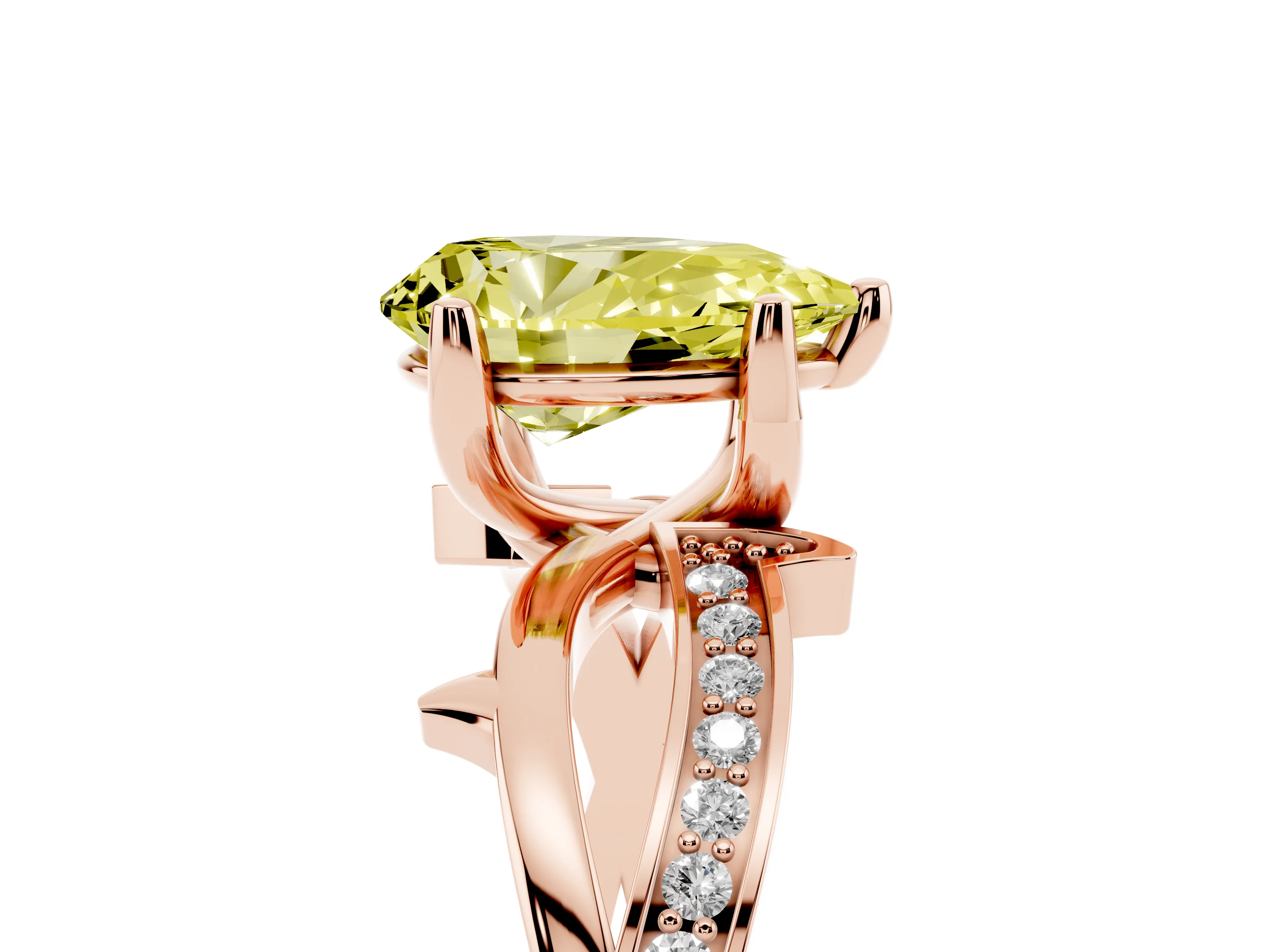 Fancy Yellow Pear Cut Diamond Pavé Twist Band Solitaire Ring Set in Rose gold with Prong Setting