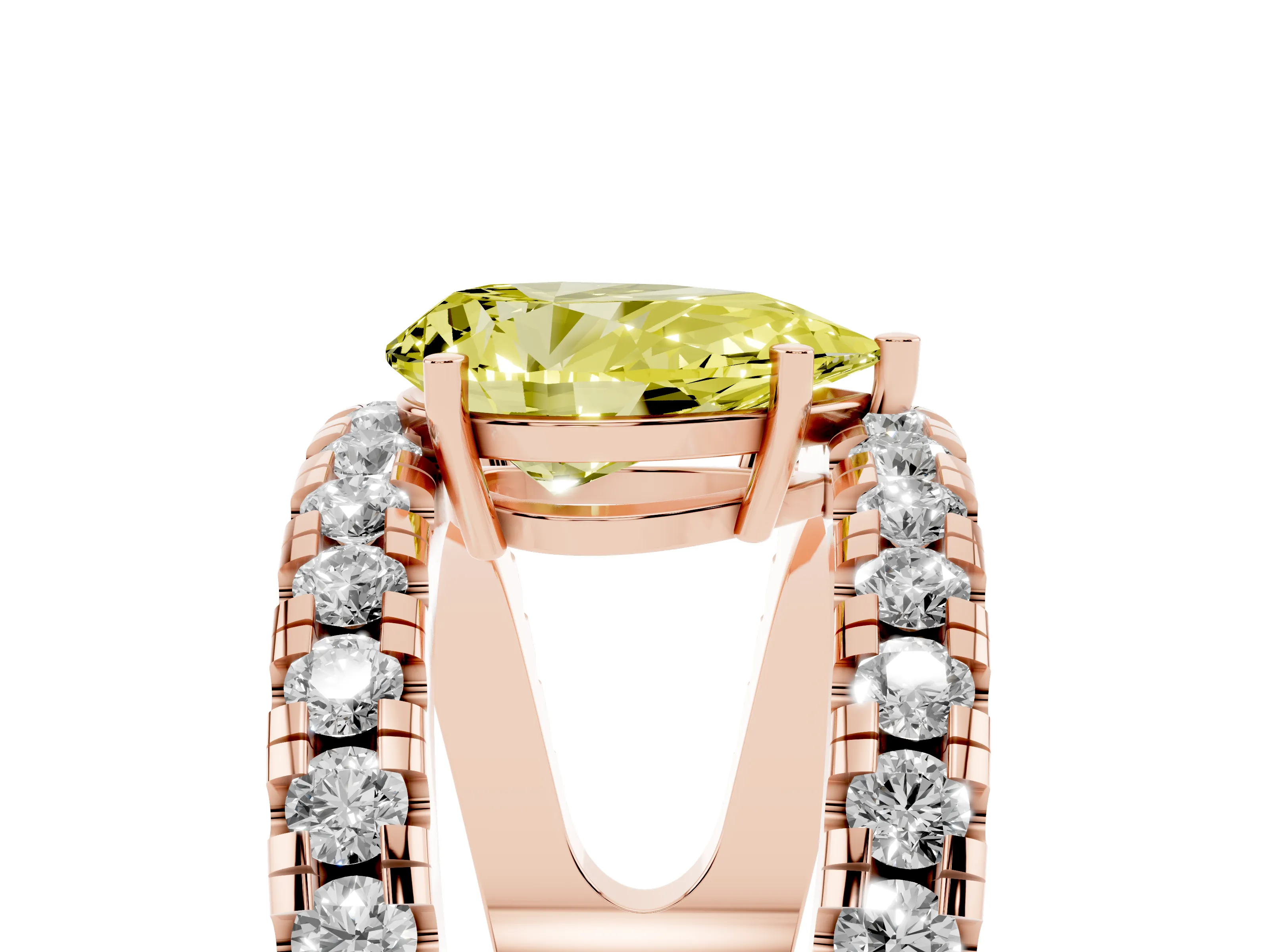 Fancy Yellow Pear Cut Diamond Split Shank Pavé Solitaire Ring Set in Rose gold with Open Shank Design
