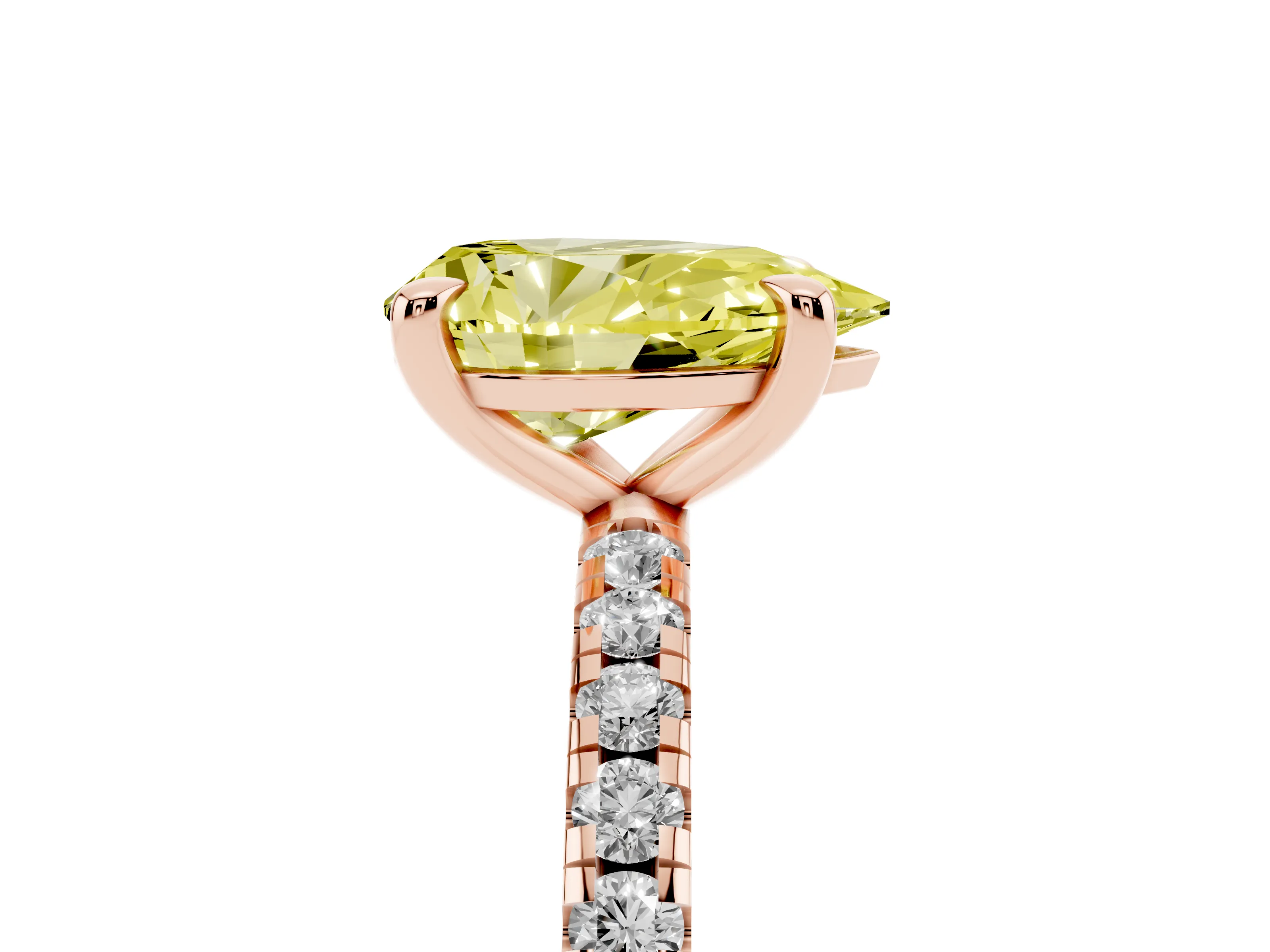 Fancy Yellow Pear Cut Diamond Brilliant Solitaire Ring Set in Rose gold with Pavé Band and Prong Setting