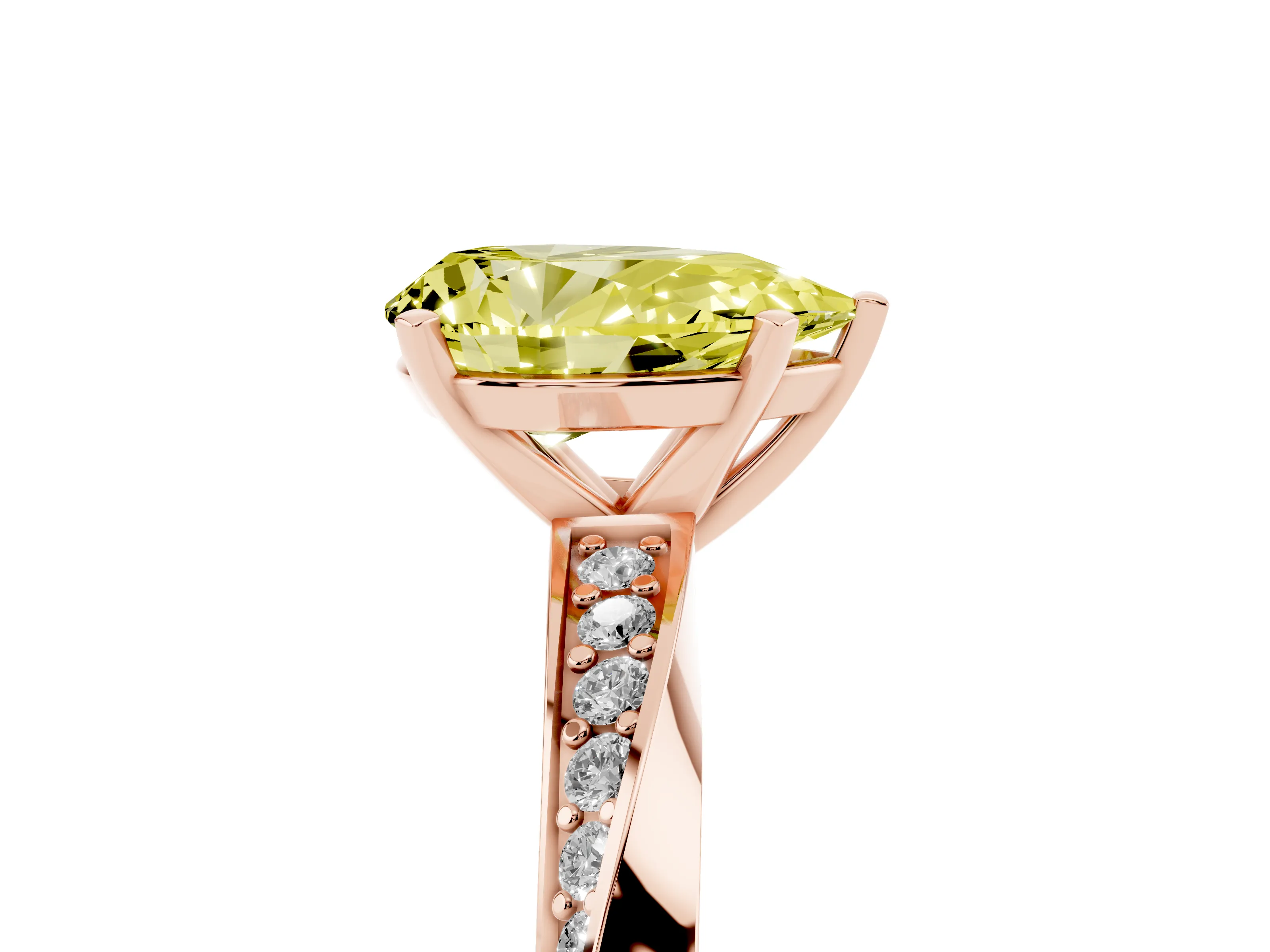 Fancy Yellow Pear Cut Diamond Engagement Ring Set in Rose gold with Side Stone Accents and Prong Setting