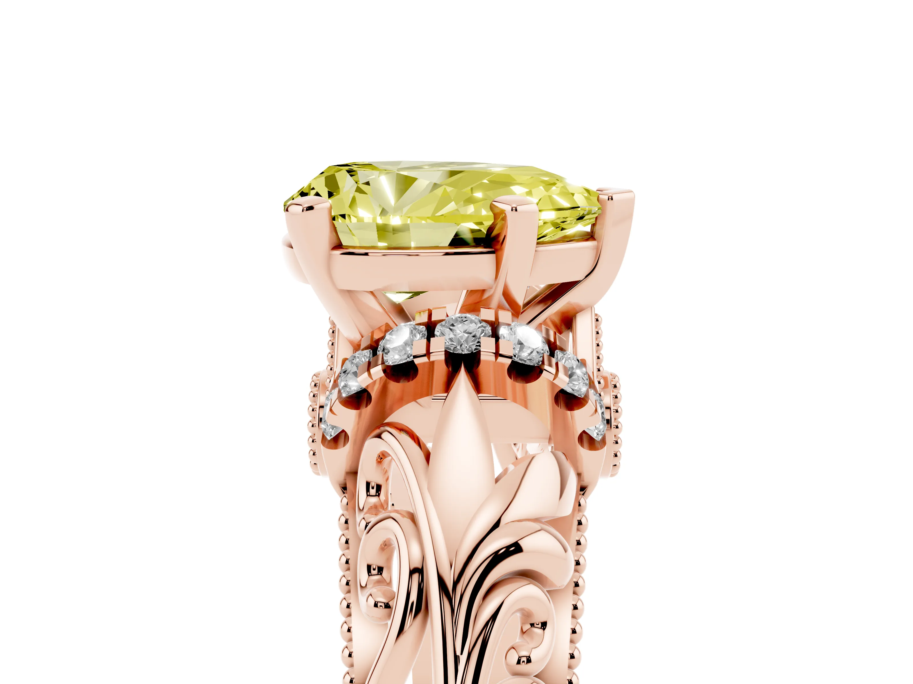 Fancy Yellow Pear Cut Diamond Filigree Halo Engagement Ring Set in Rose gold with Prong Setting