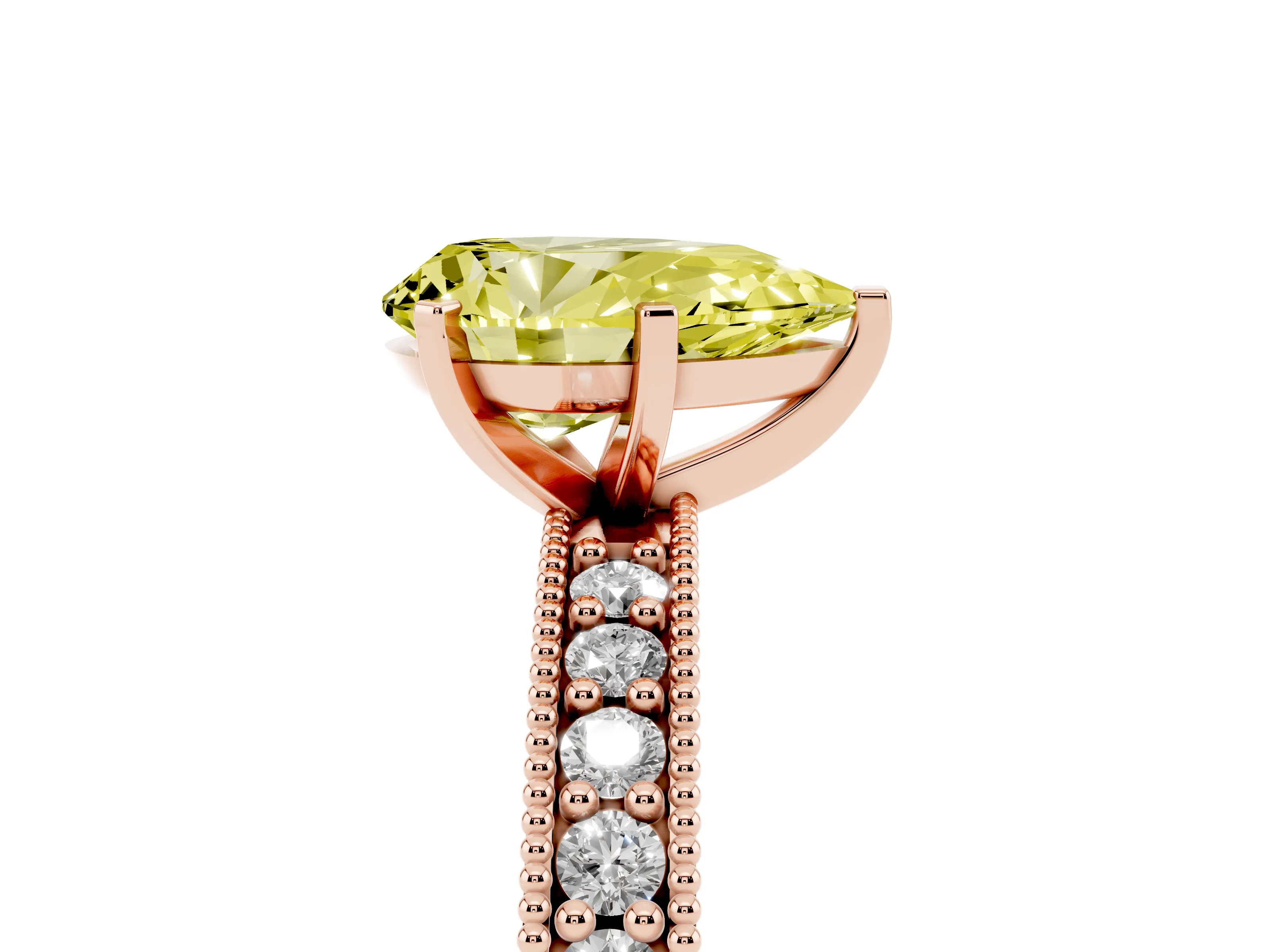 Fancy Yellow Pear Cut Diamond Milgrain Pavé Engagement Ring Set in Rose gold with Prong Setting
