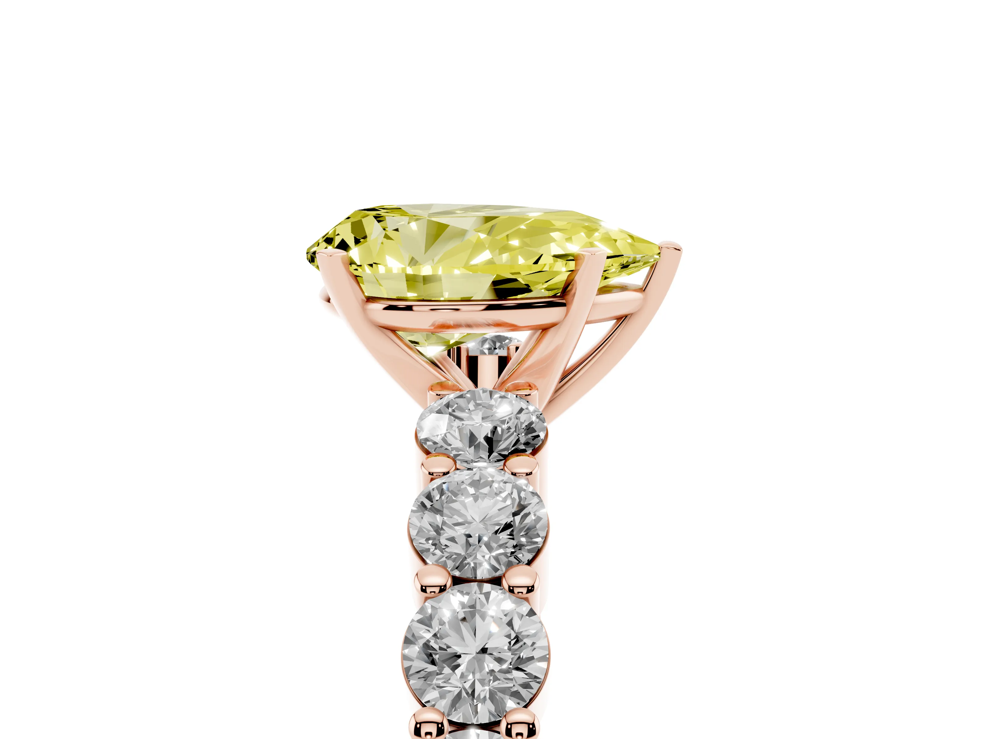 Fancy Yellow Pear Cut Diamond Solitaire Ring Set in Rose gold with Shared Prong Round Side Stones