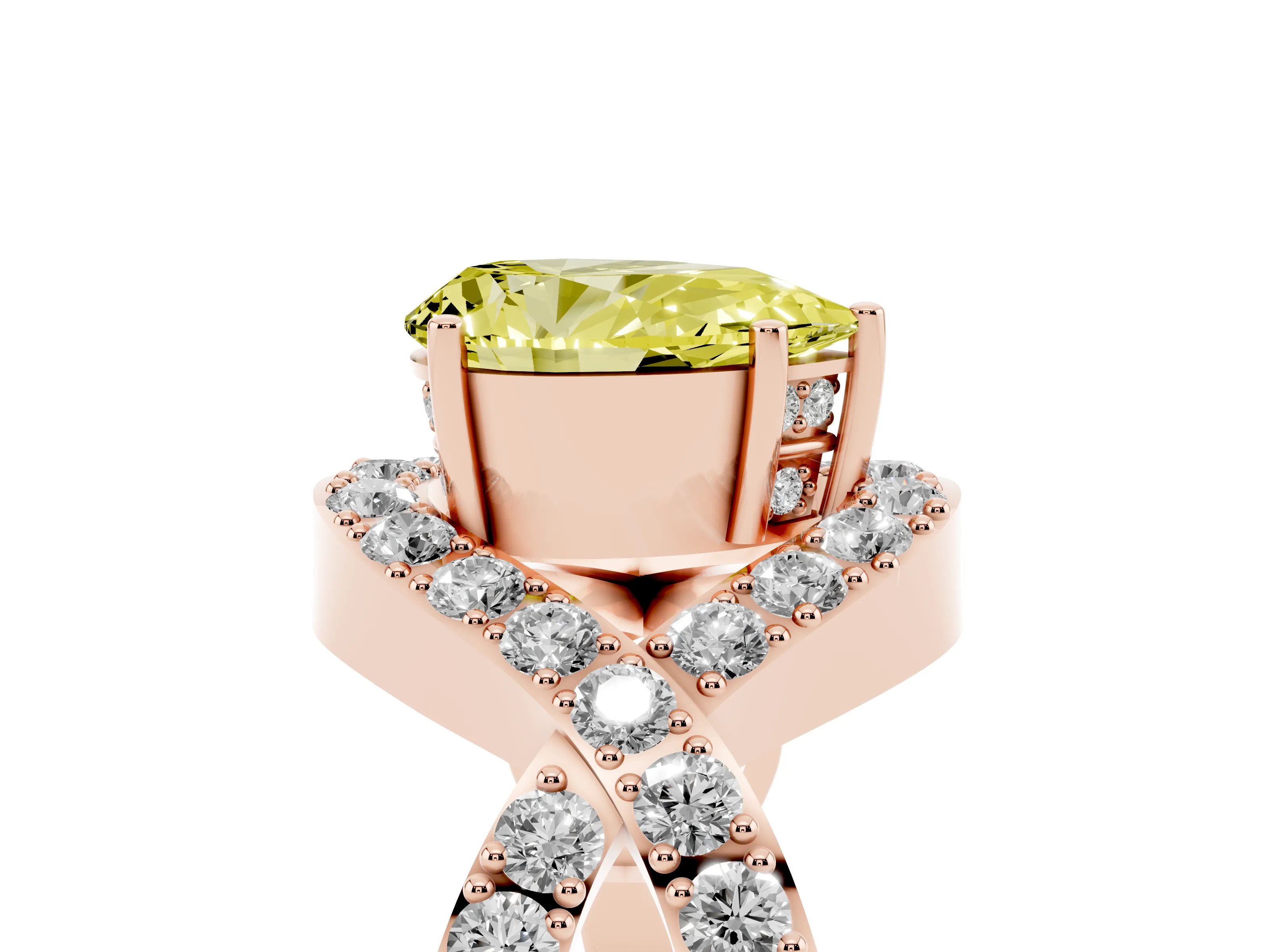 Fancy Yellow Pear Cut Diamond Solitaire Twist Band Pavé Engagement Ring Set in Rose gold