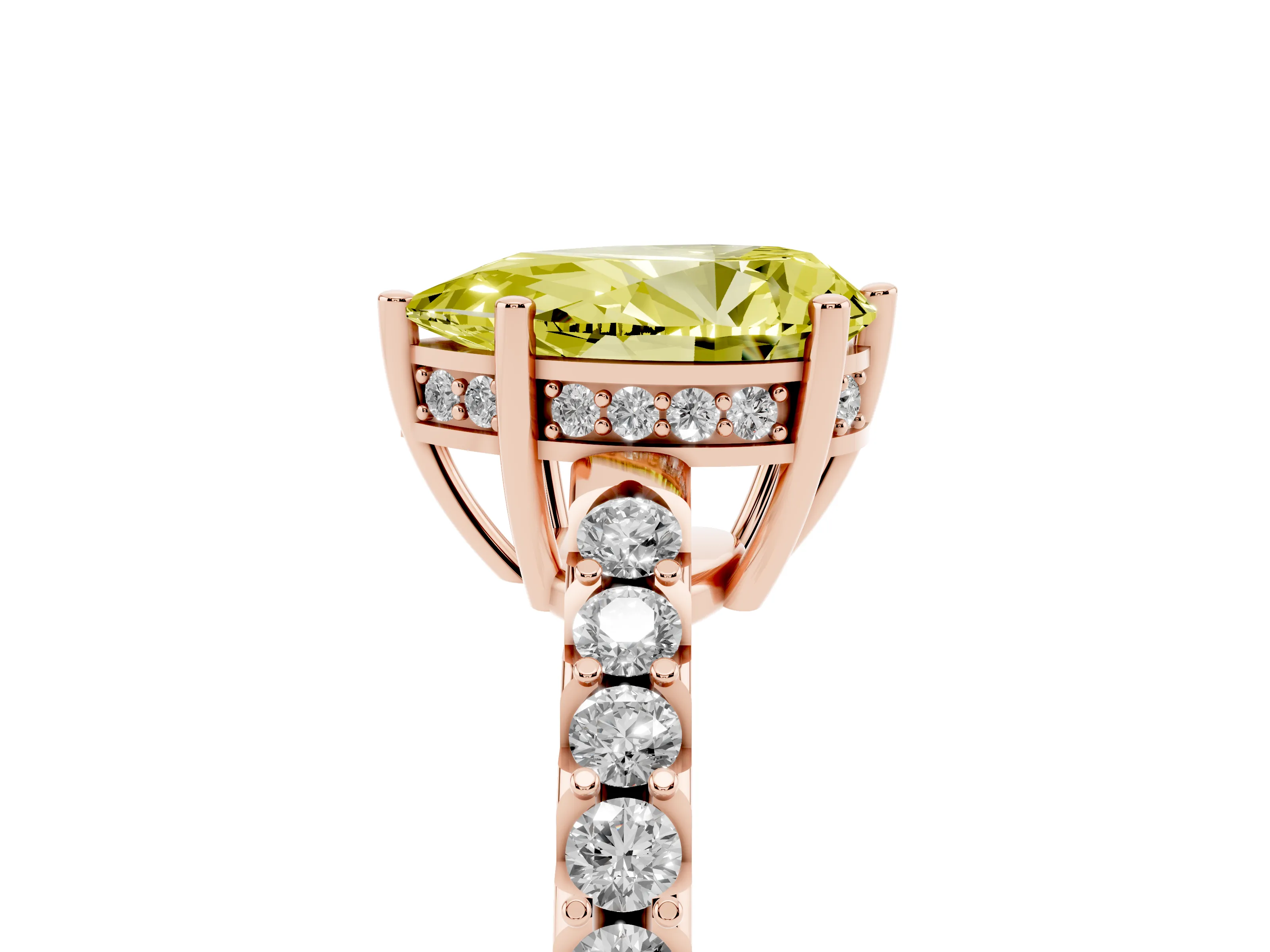 Fancy Yellow Pear Cut Diamond Solitaire Engagement Ring Set in Rose gold with Pavé Band and Prong Setting