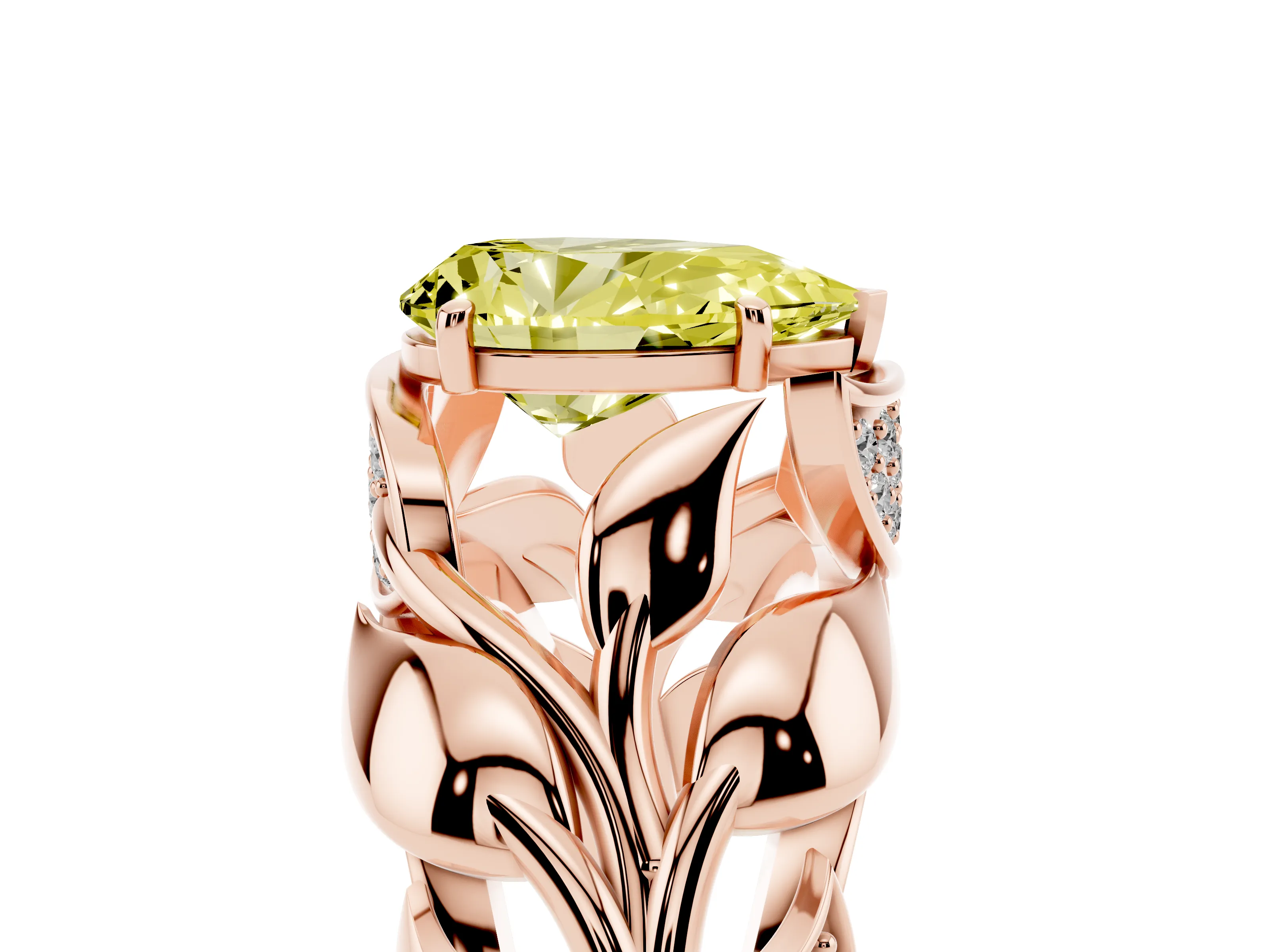 Fancy Yellow Pear Cut Diamond Leaf-Inspired Engagement Ring Set in Rose gold with Round Accents
