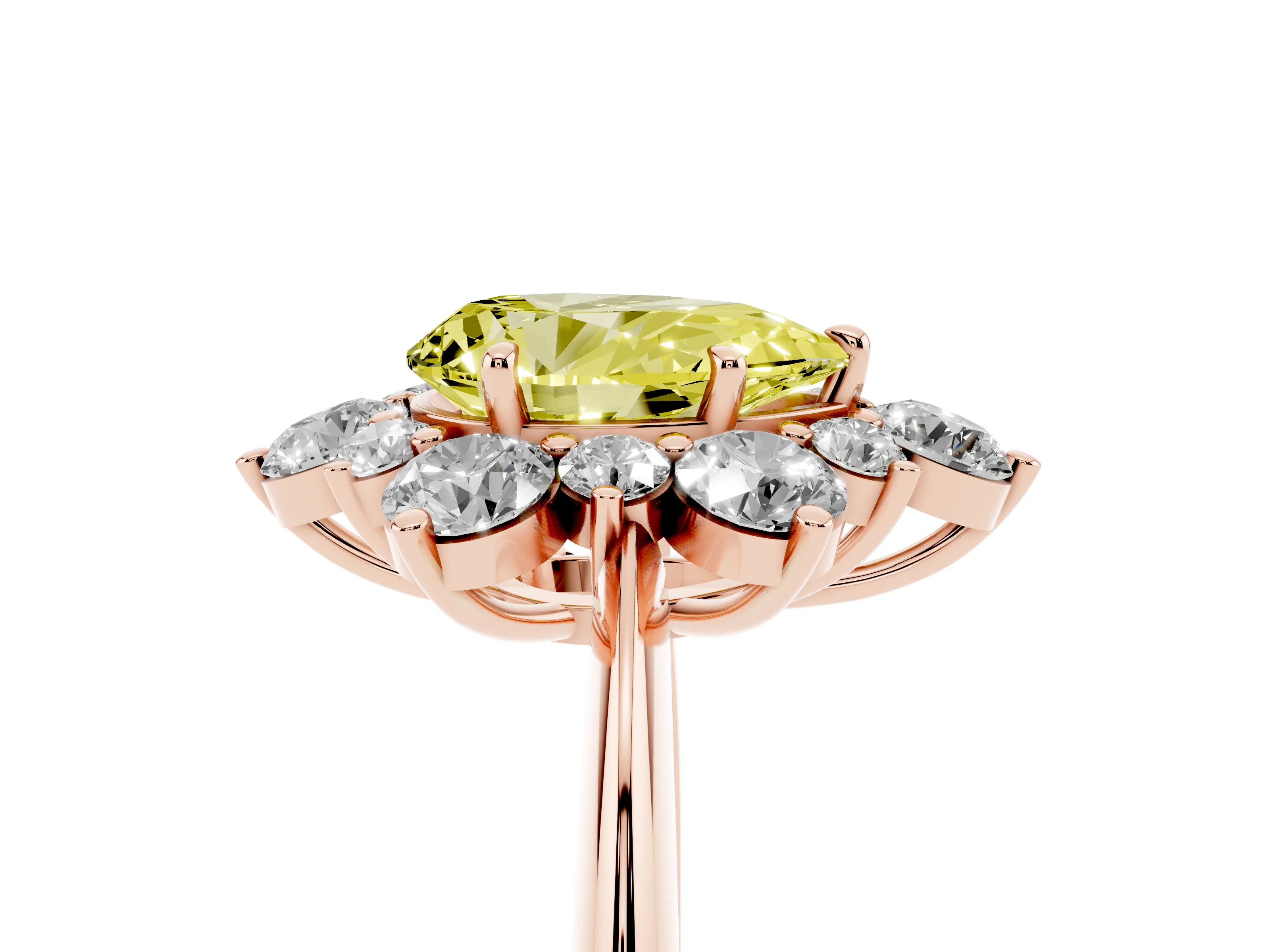Fancy Yellow Pear Cut Diamond Cluster Halo Ring Set in Rose gold with Solitaire Band and Prong Setting