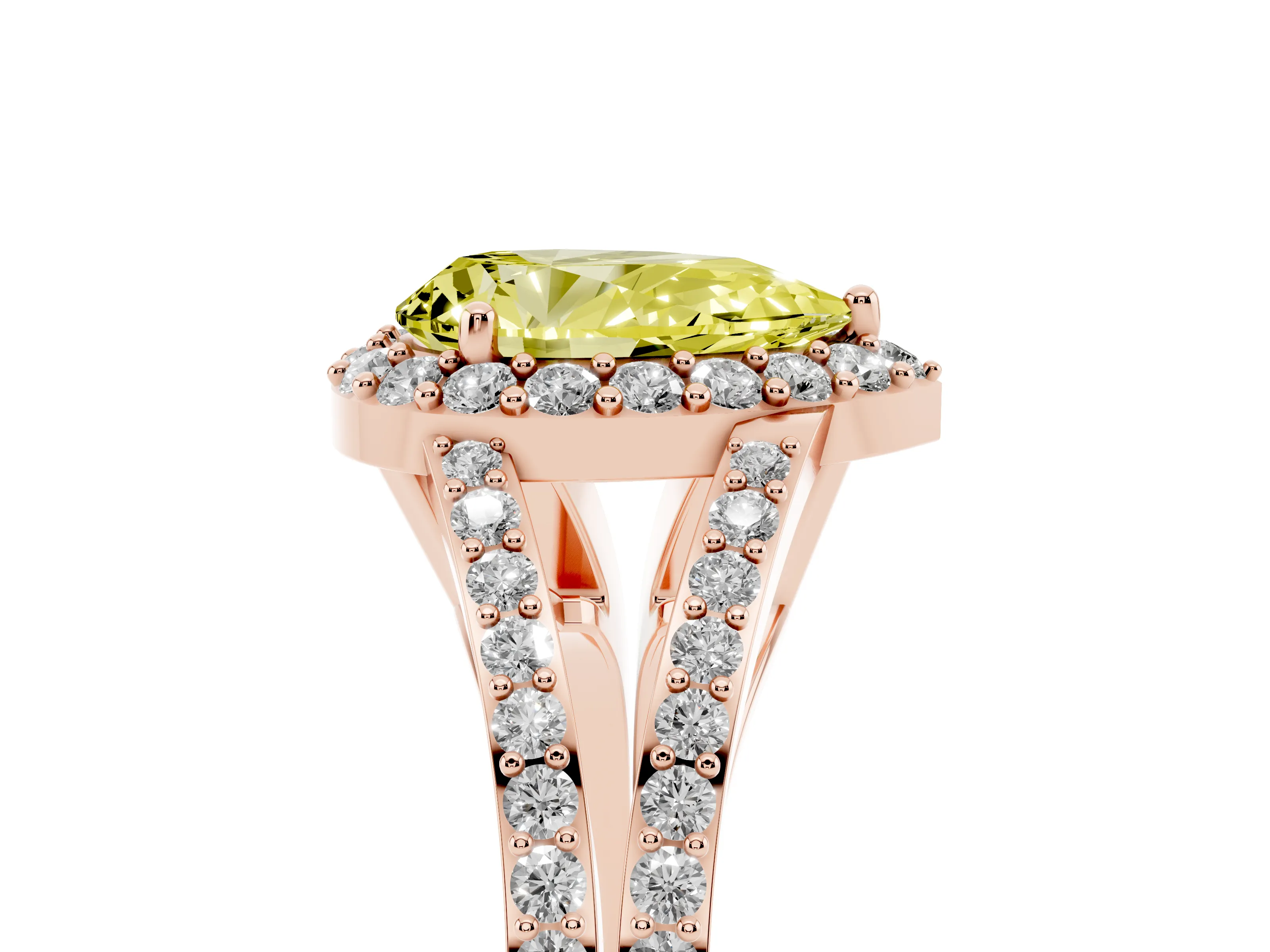 Fancy Yellow Pear Cut Diamond Halo Split Shank Pavé Ring Set in Rose gold with Prong Setting