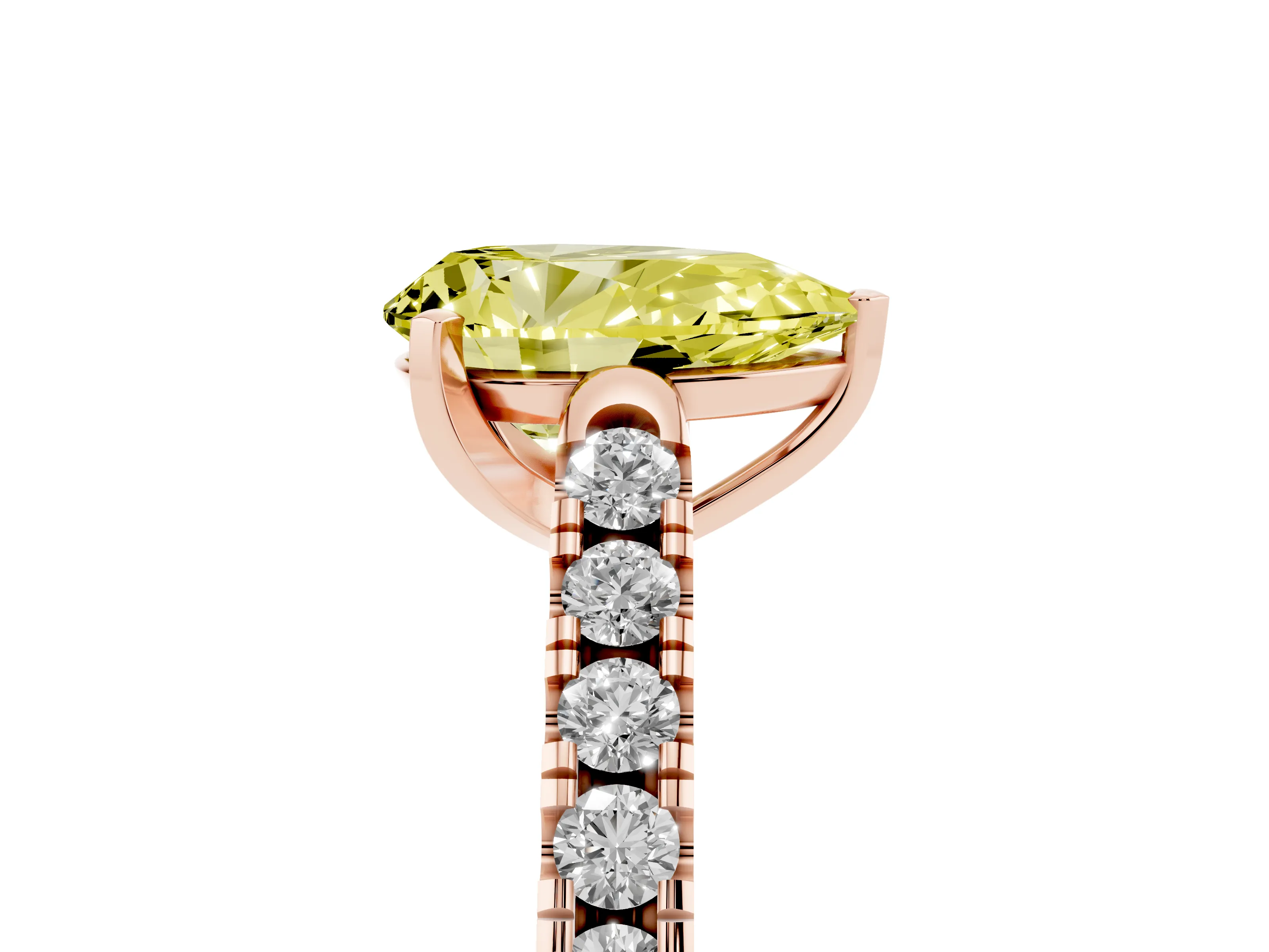 Fancy Yellow Pear Cut Diamond Pavé Band Solitaire Ring Set in Rose gold with Partway Accent Stones and Prong Setting