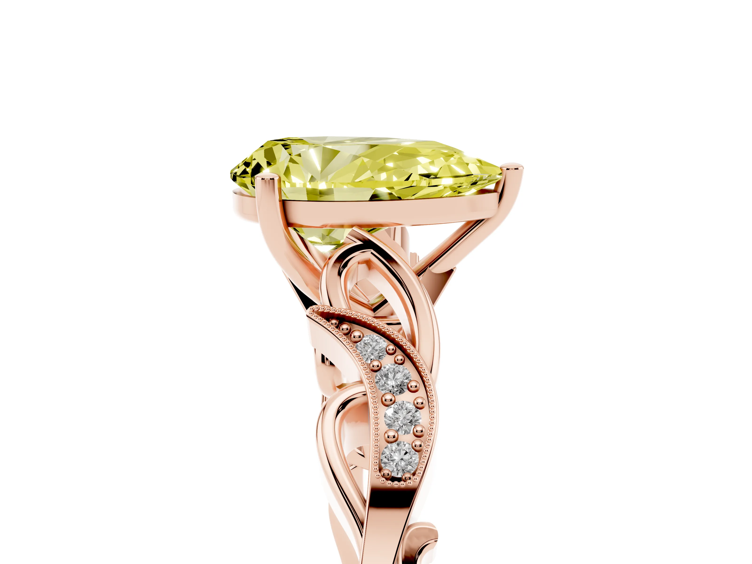 Fancy Yellow Pear Cut Diamond Vine Band Solitaire Ring Set in Rose gold with Milgrain Prong Setting