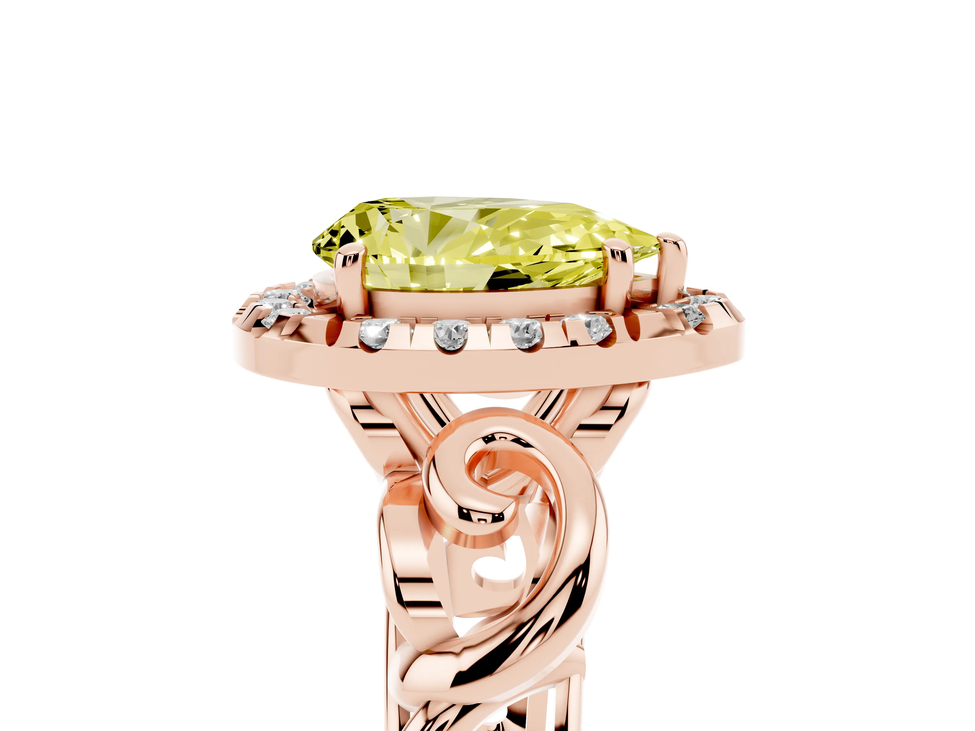 Fancy Yellow Pear Cut Diamond Halo Ring Set in Rose gold with Scrollwork Band and Prong Setting