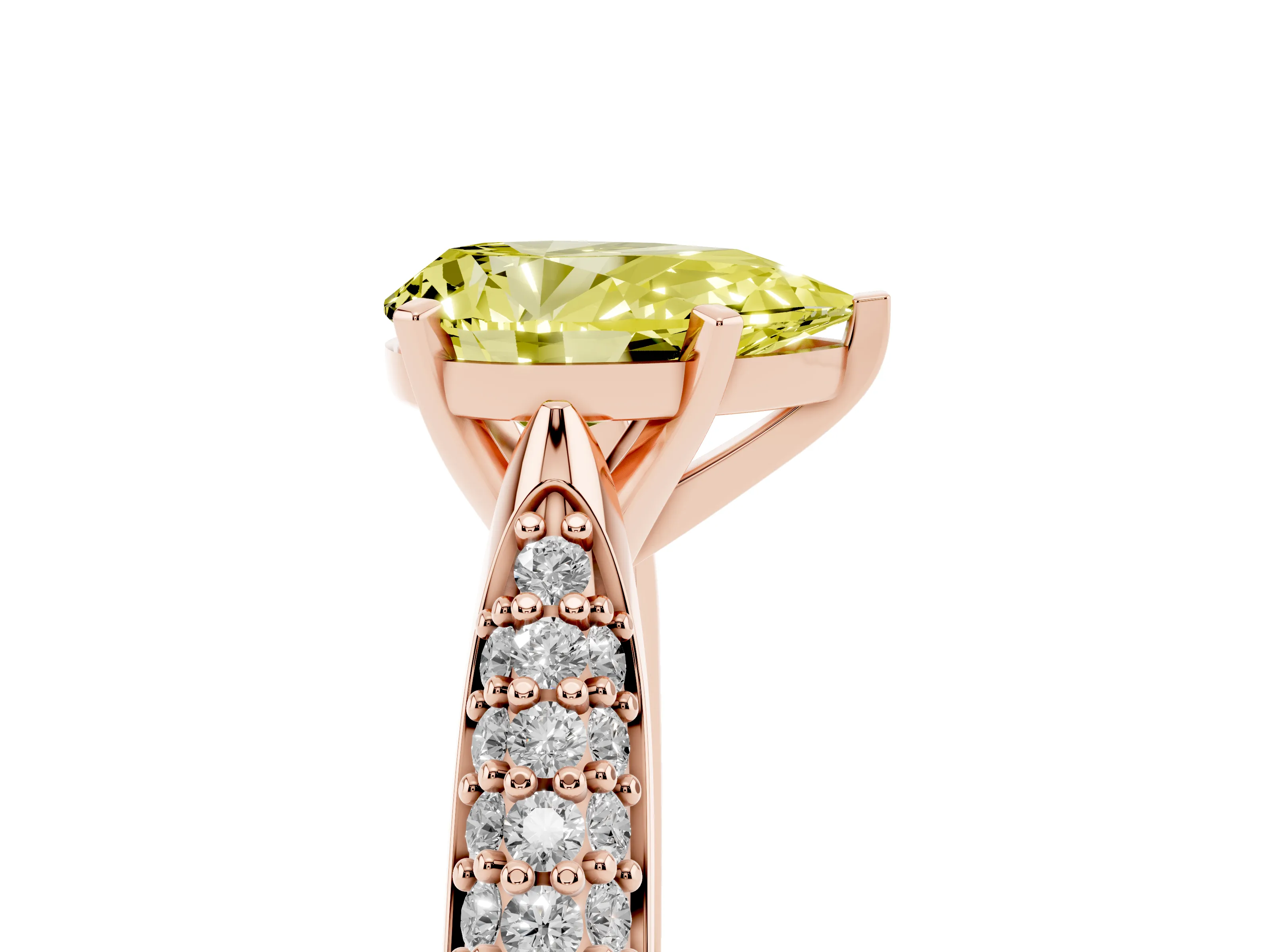 Fancy Yellow Pear Cut Diamond Solitaire Engagement Ring Set in Rose gold with Multi-Row Round Pavé Band and Prong Setting