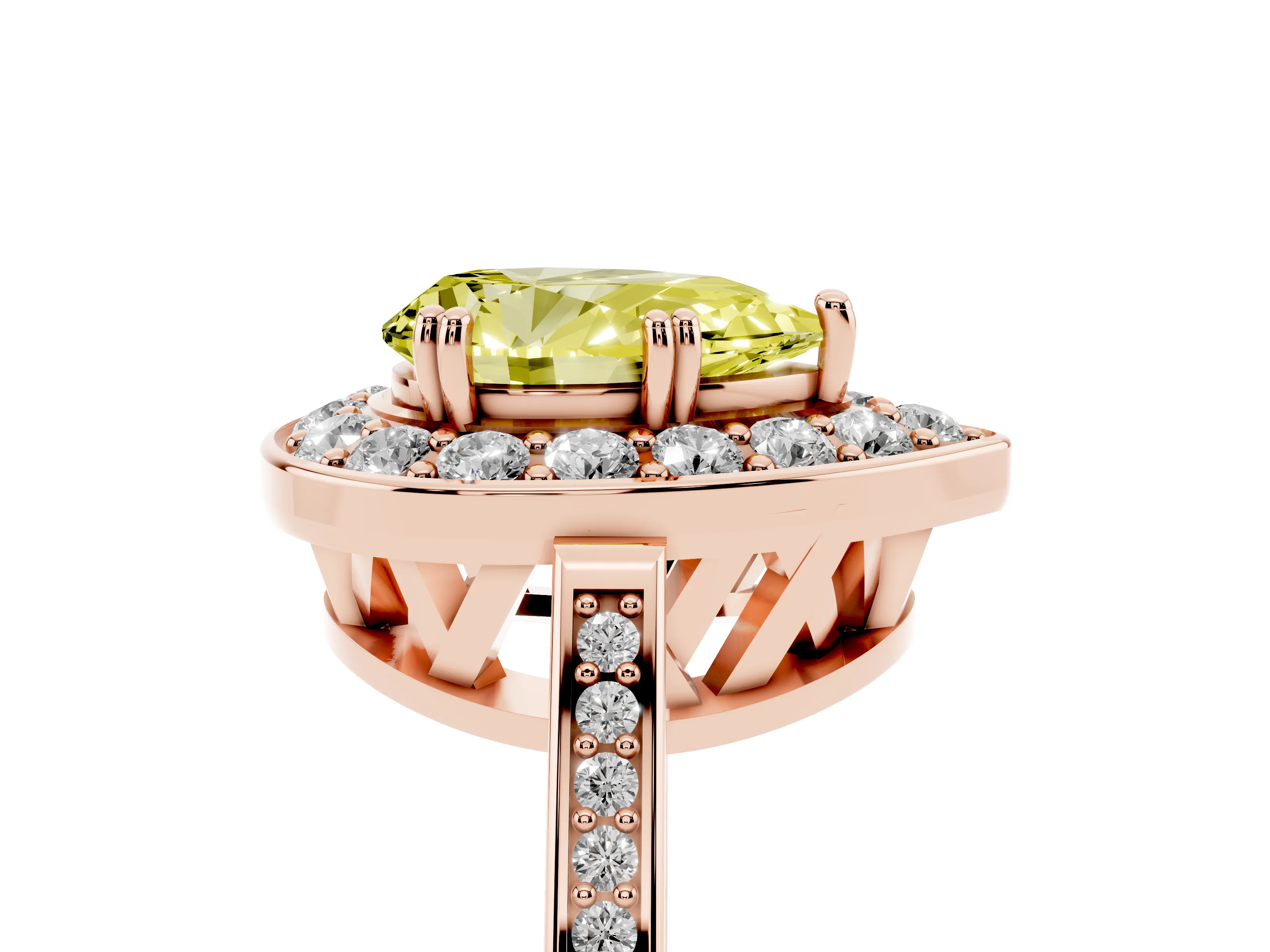 Fancy Yellow Pear Cut Diamond Halo Ring Set in Rose gold with Accent-Lined Split Shank and Prong Setting