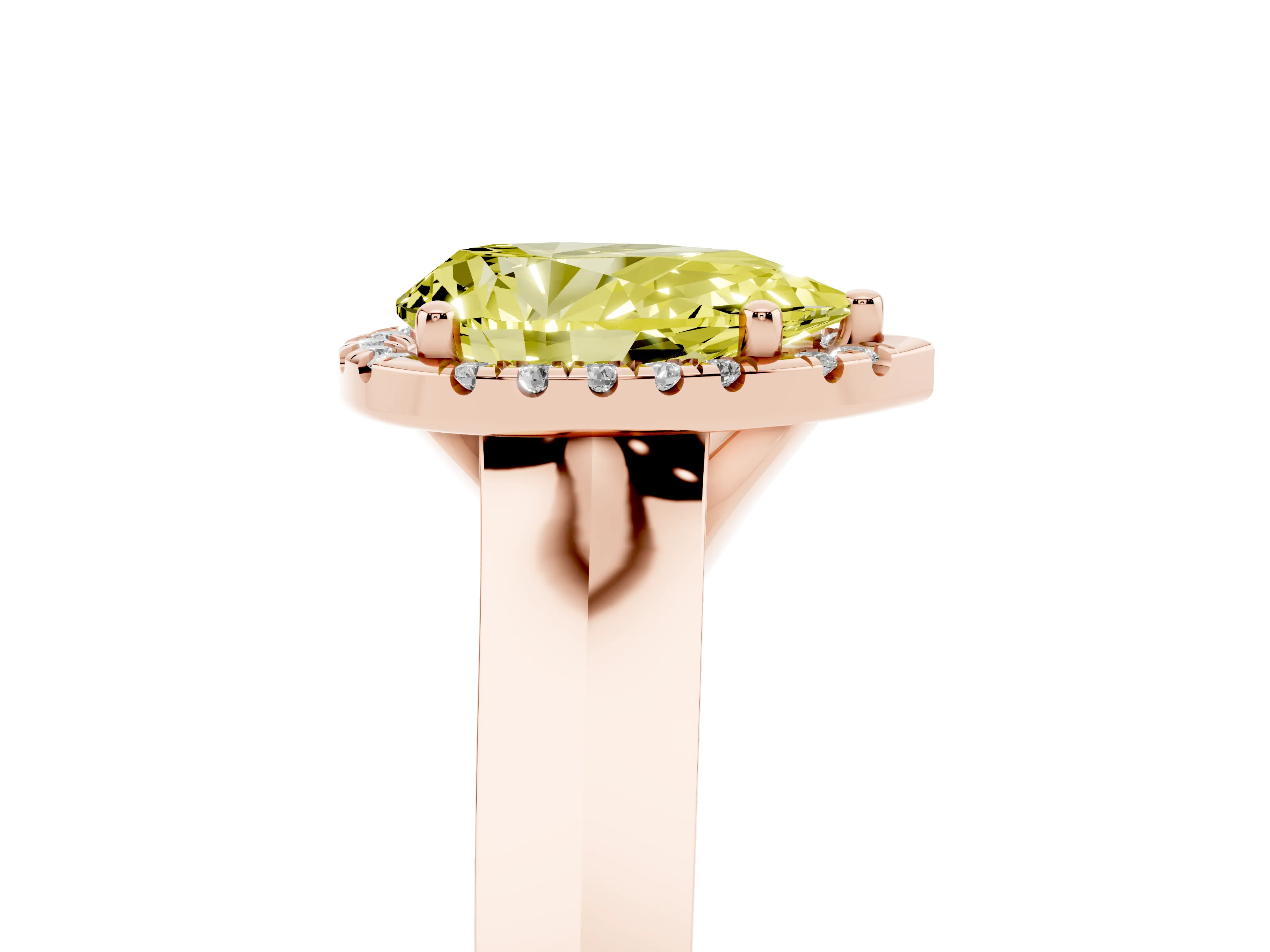 Fancy Yellow Pear Cut Diamond Halo Ring Set in Rose gold with Cathedral Band and Prong Setting