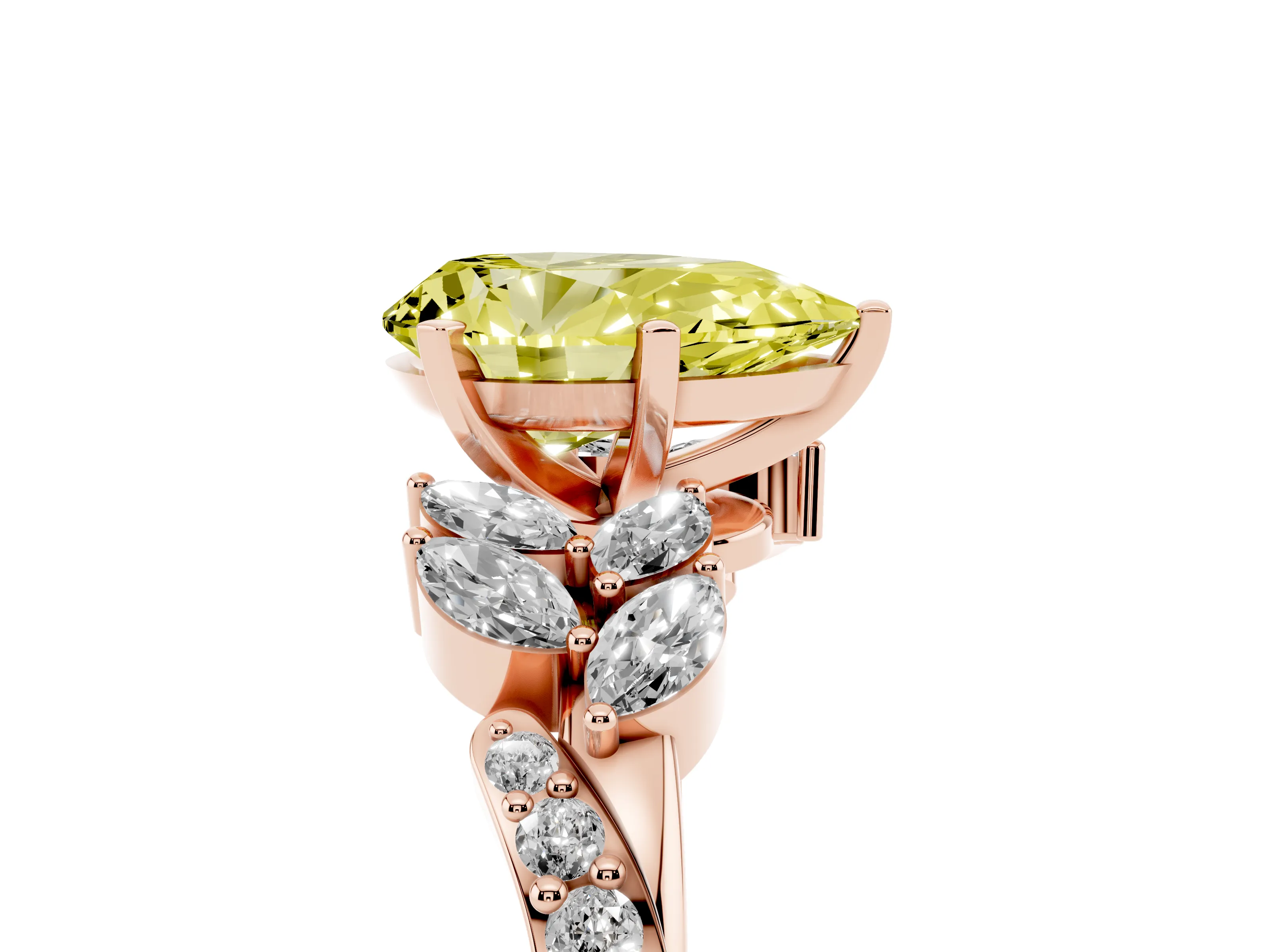 Fancy Yellow Pear Cut Diamond Solitaire Ring Set in Rose gold with Marquise Twist Band and Prong Setting