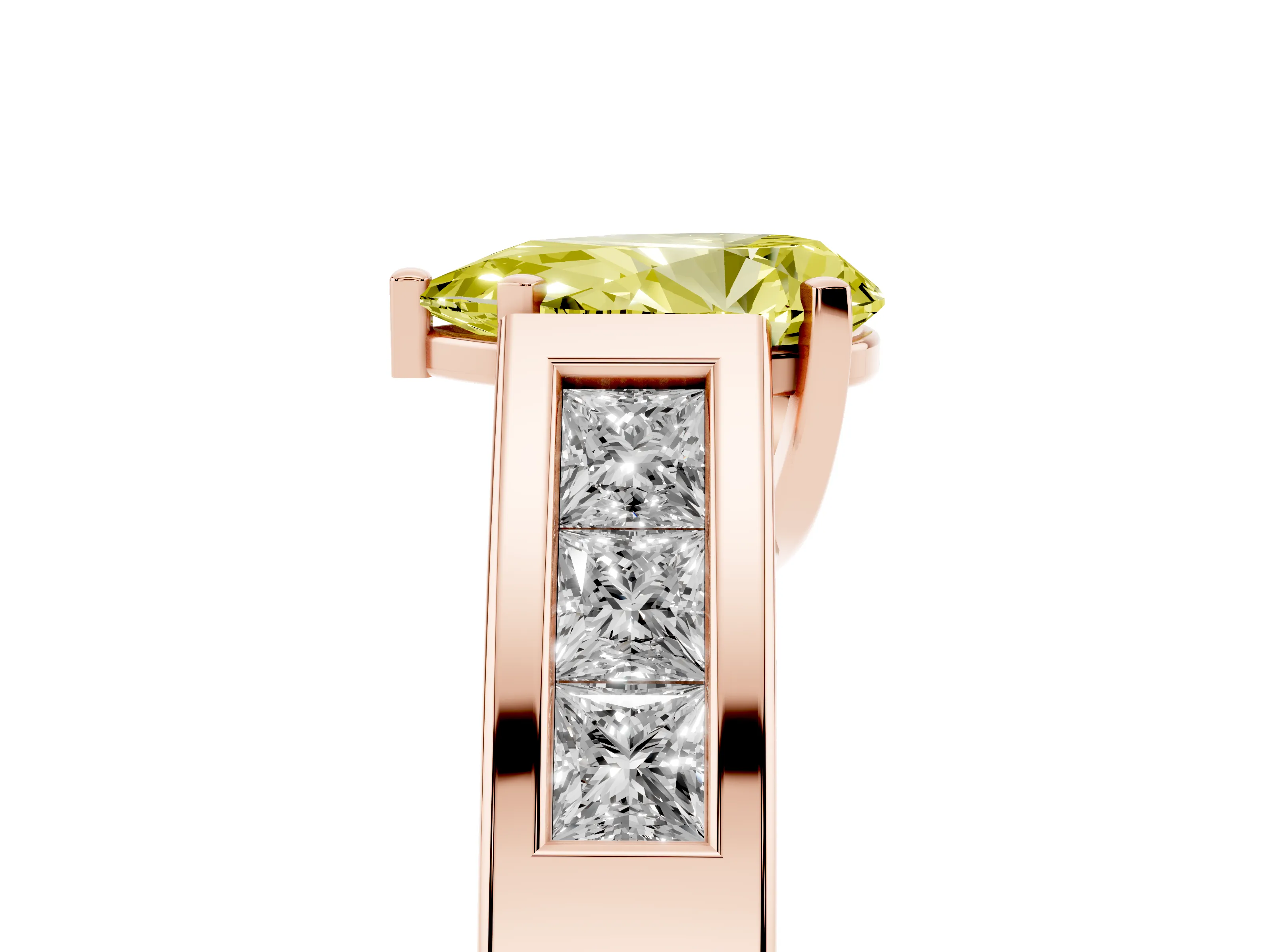 Fancy Yellow Pear Cut Diamond Solitaire Ring Set in Rose gold with Channel-Set Accent Stones and Prong Setting
