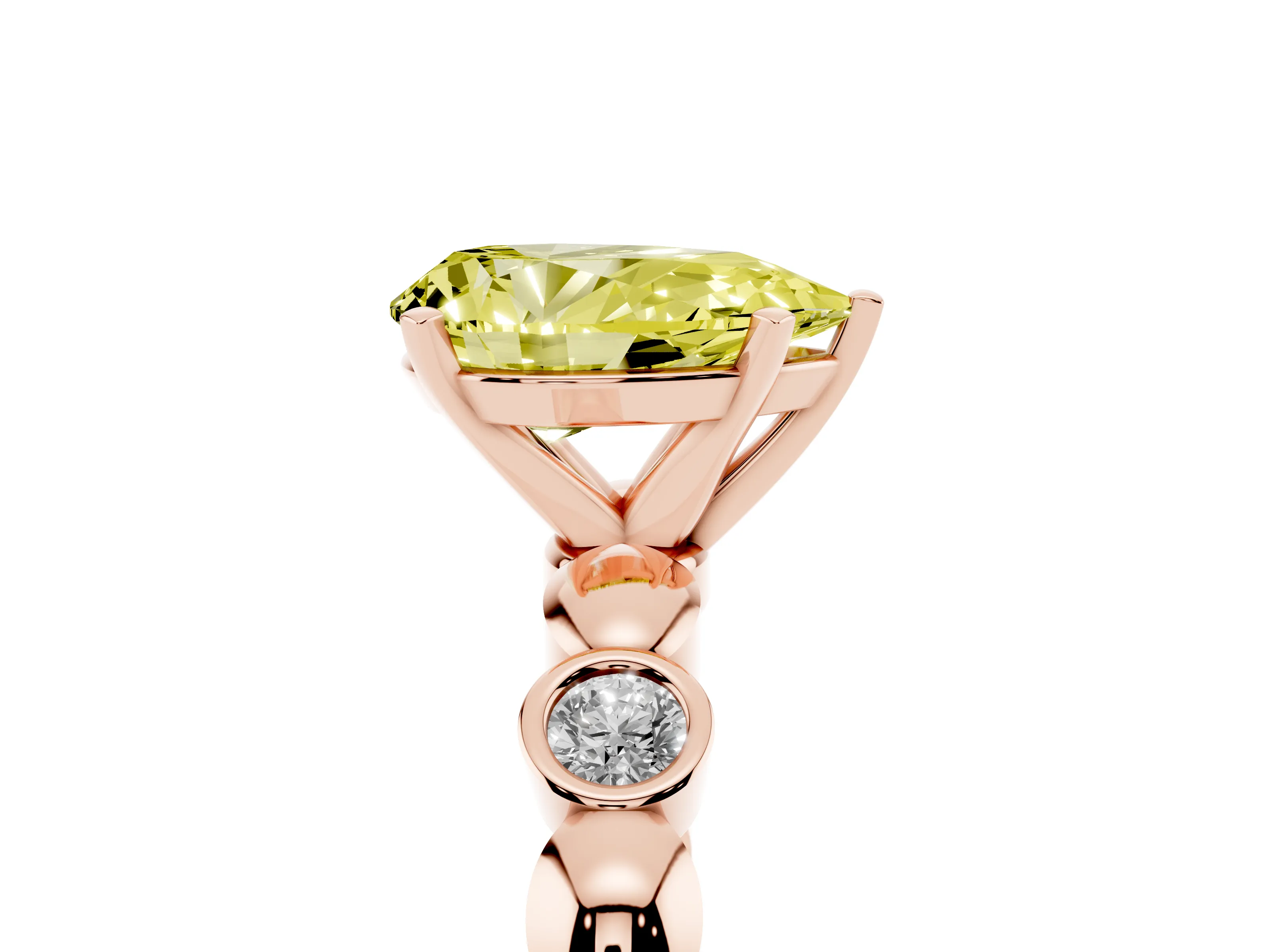 Fancy Yellow Pear Cut Diamond Solitaire Ring Set in Rose gold with Bezel-Set Accents on Beaded Band and Prong Setting