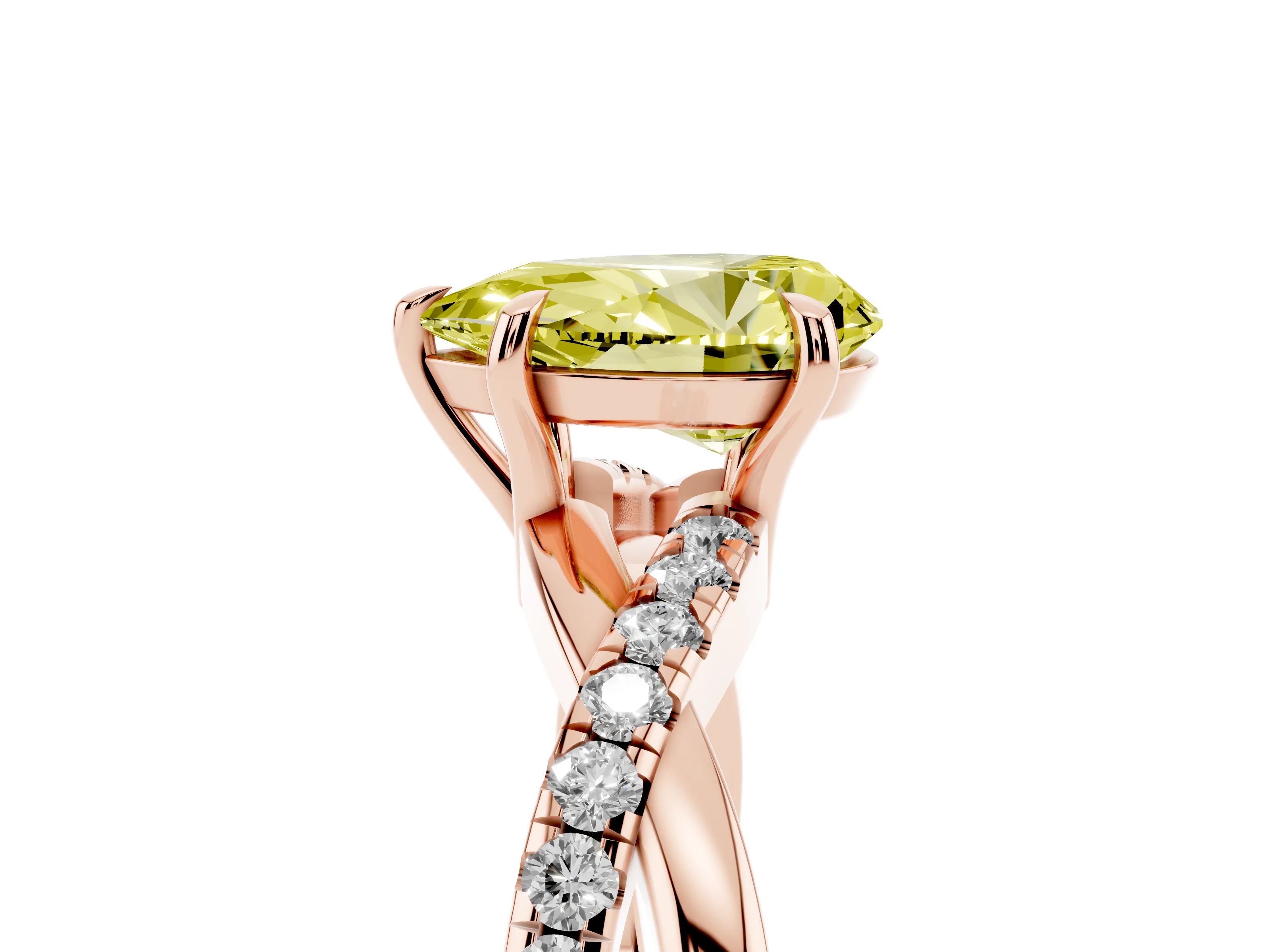 Fancy Yellow Pear Cut Diamond Twisted Pavé Band Ring Set in Rose gold with Prong Setting