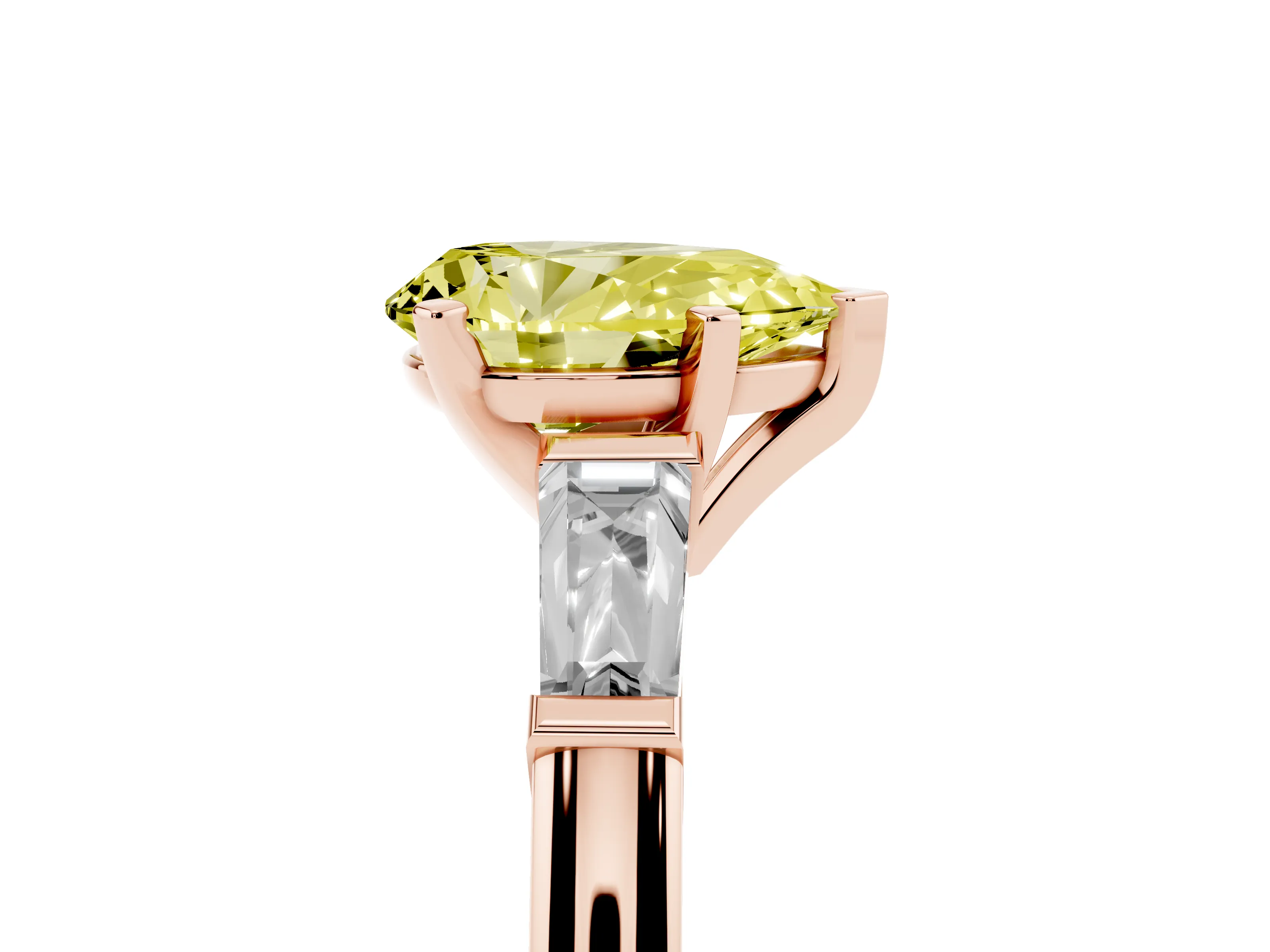 Fancy Yellow Pear Cut Diamond Solitaire Ring Set in Rose gold with Tapered Baguette Side Stones and Prong Setting