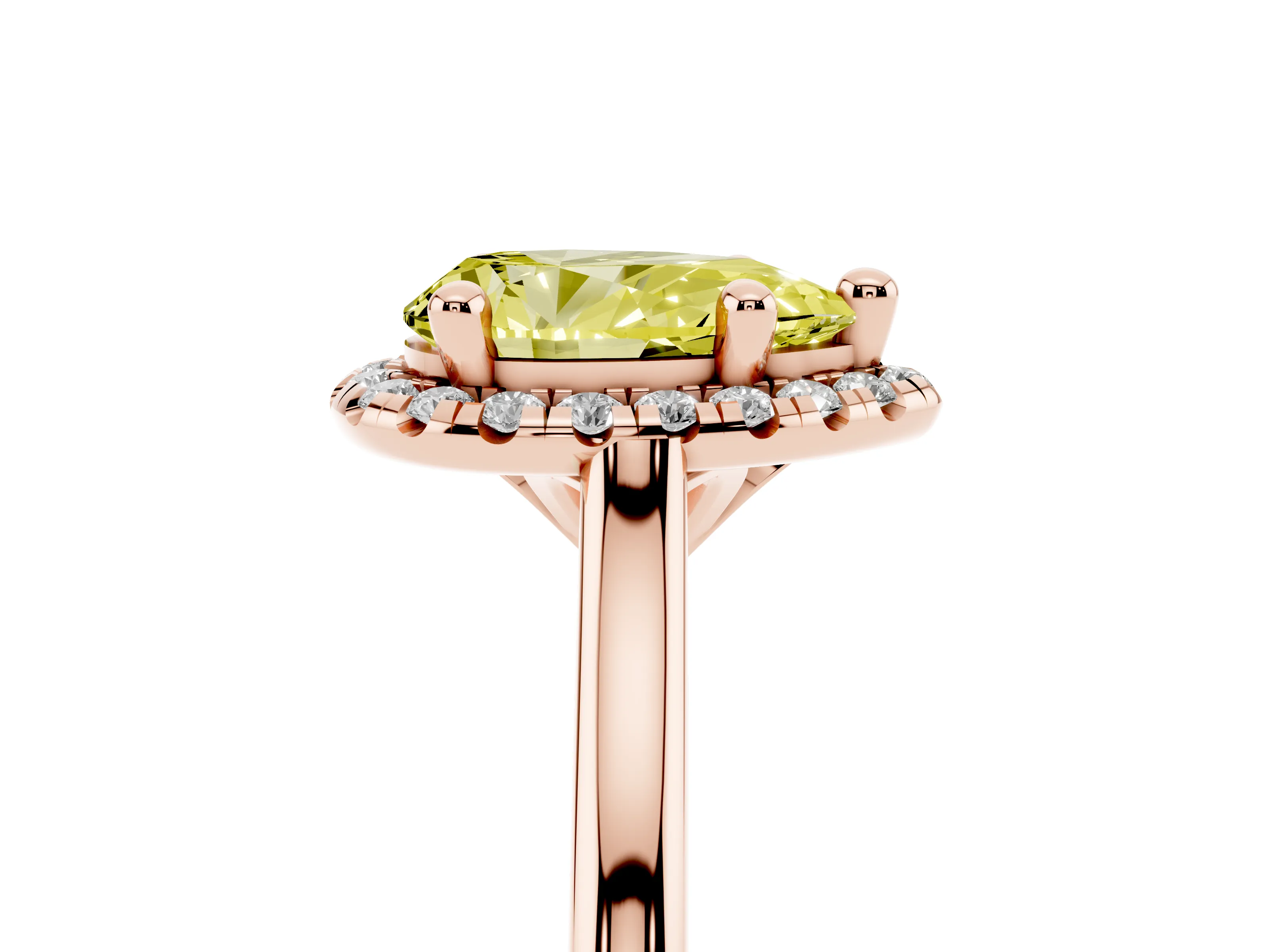 Fancy Yellow Pear Cut Diamond Halo Engagement Ring Set in Rose gold with Pavé Band and Rising Shoulders