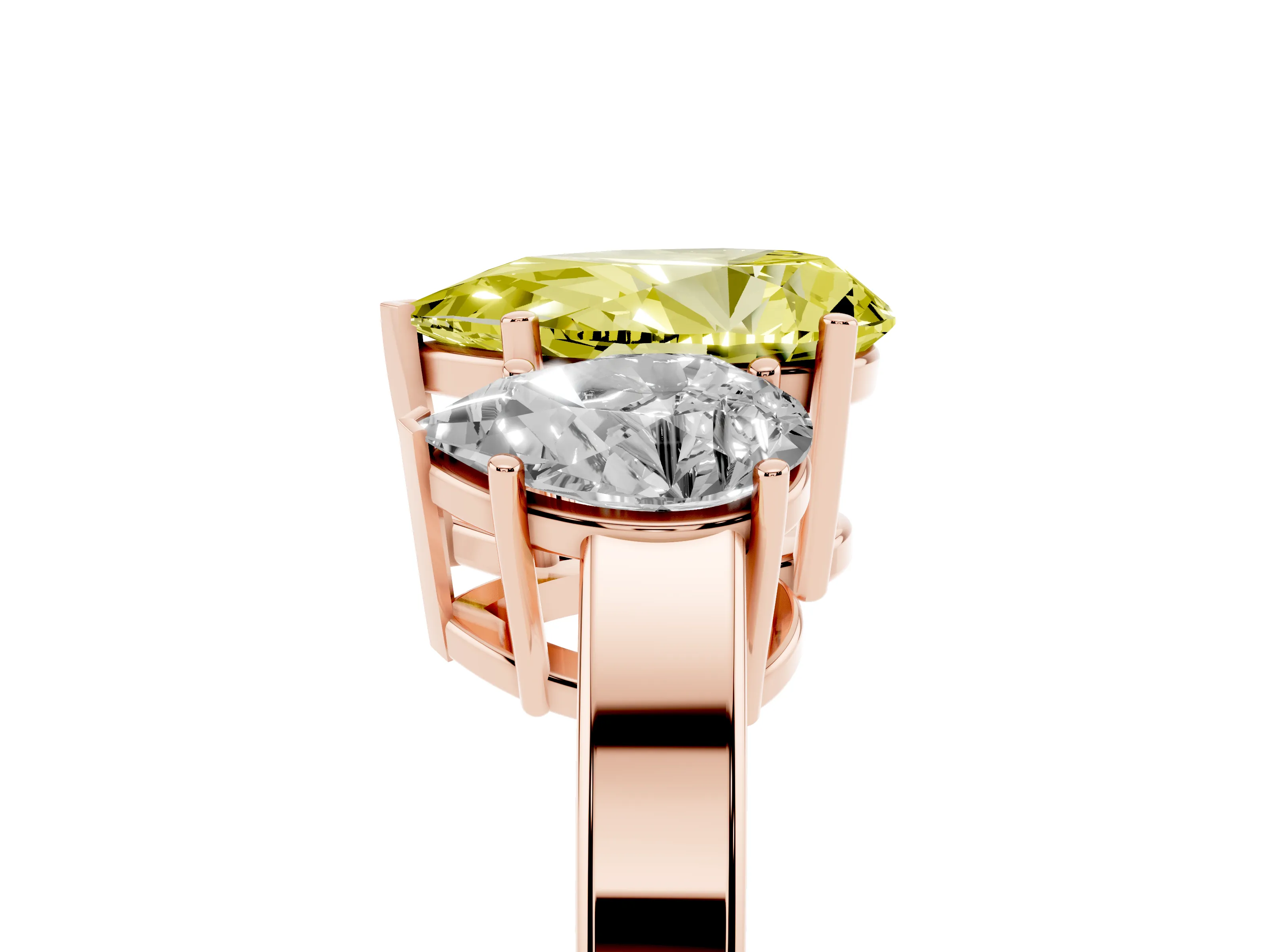 Fancy Yellow Pear Cut Diamond Three-Stone Engagement Ring Set in Rose gold with Flat Band