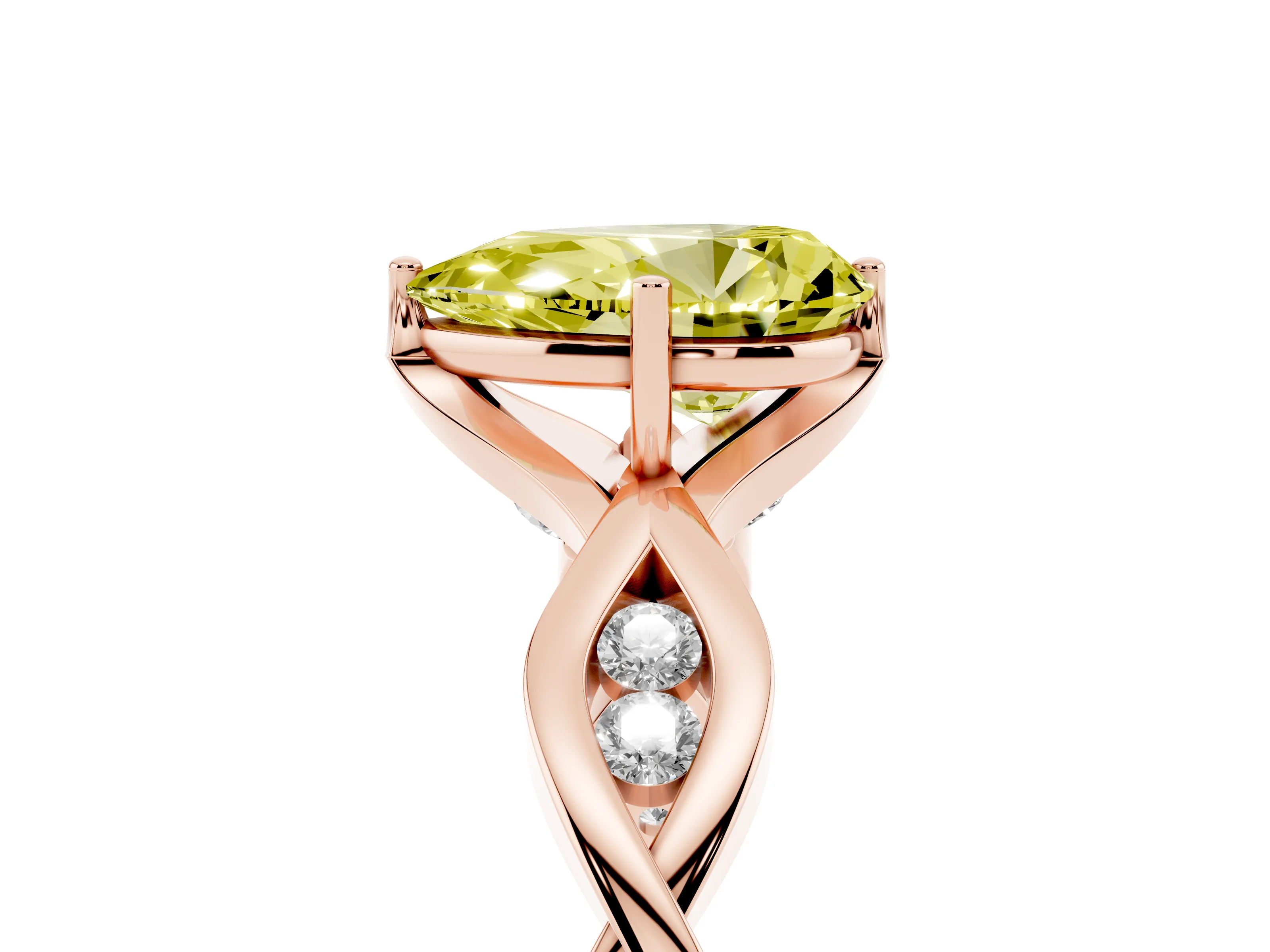Fancy Yellow Pear Cut Diamond Twist Band Solitaire Ring Set in Rose gold with Leaf Prong Setting and Accent Stones